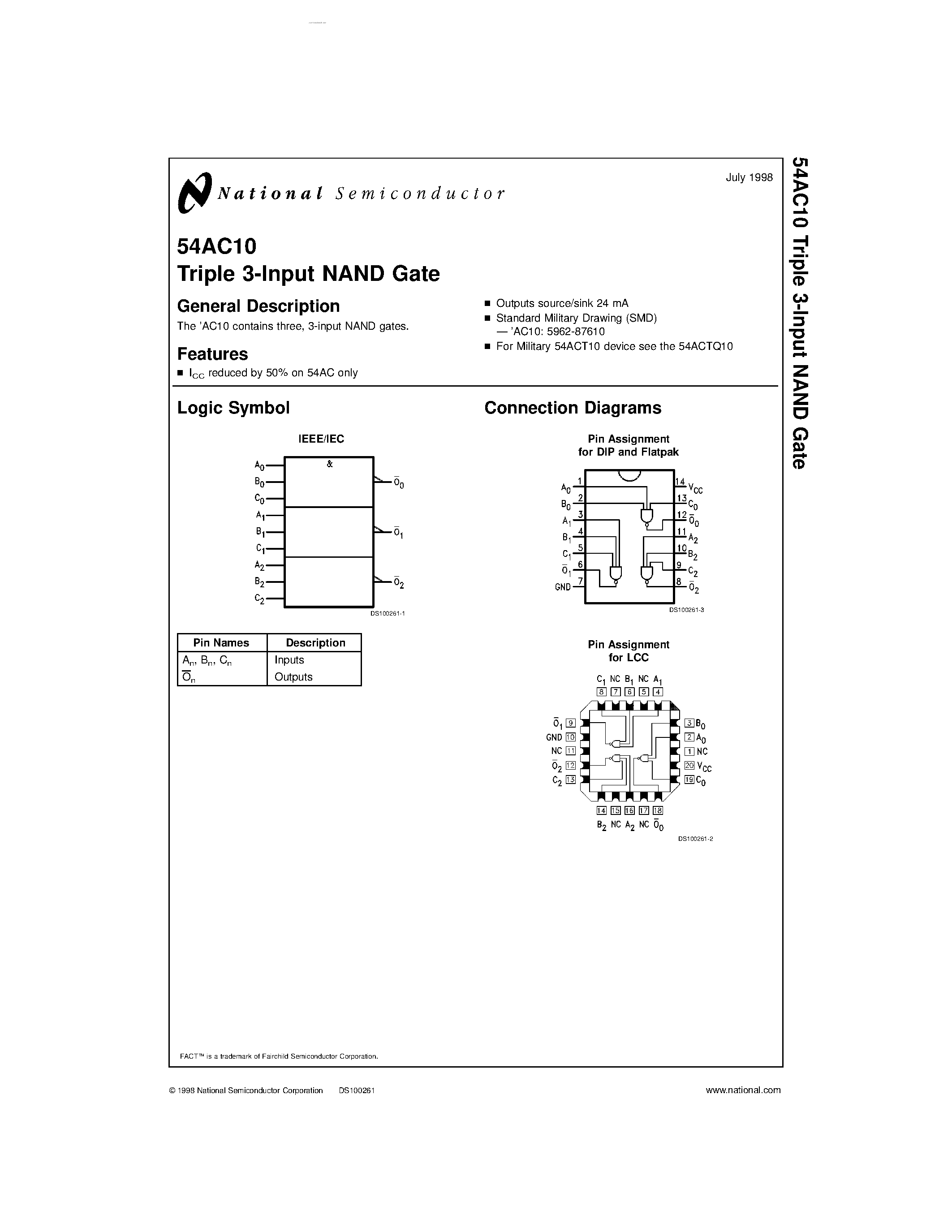Datasheet 54AC10 - Triple 3-Input NAND Gate page 1