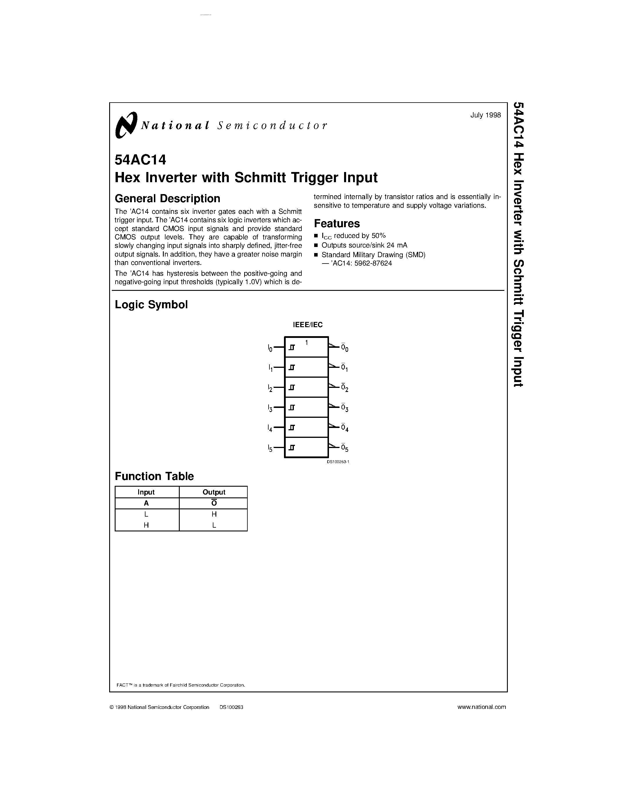 Datasheet 54AC14 - Hex Inverter page 1