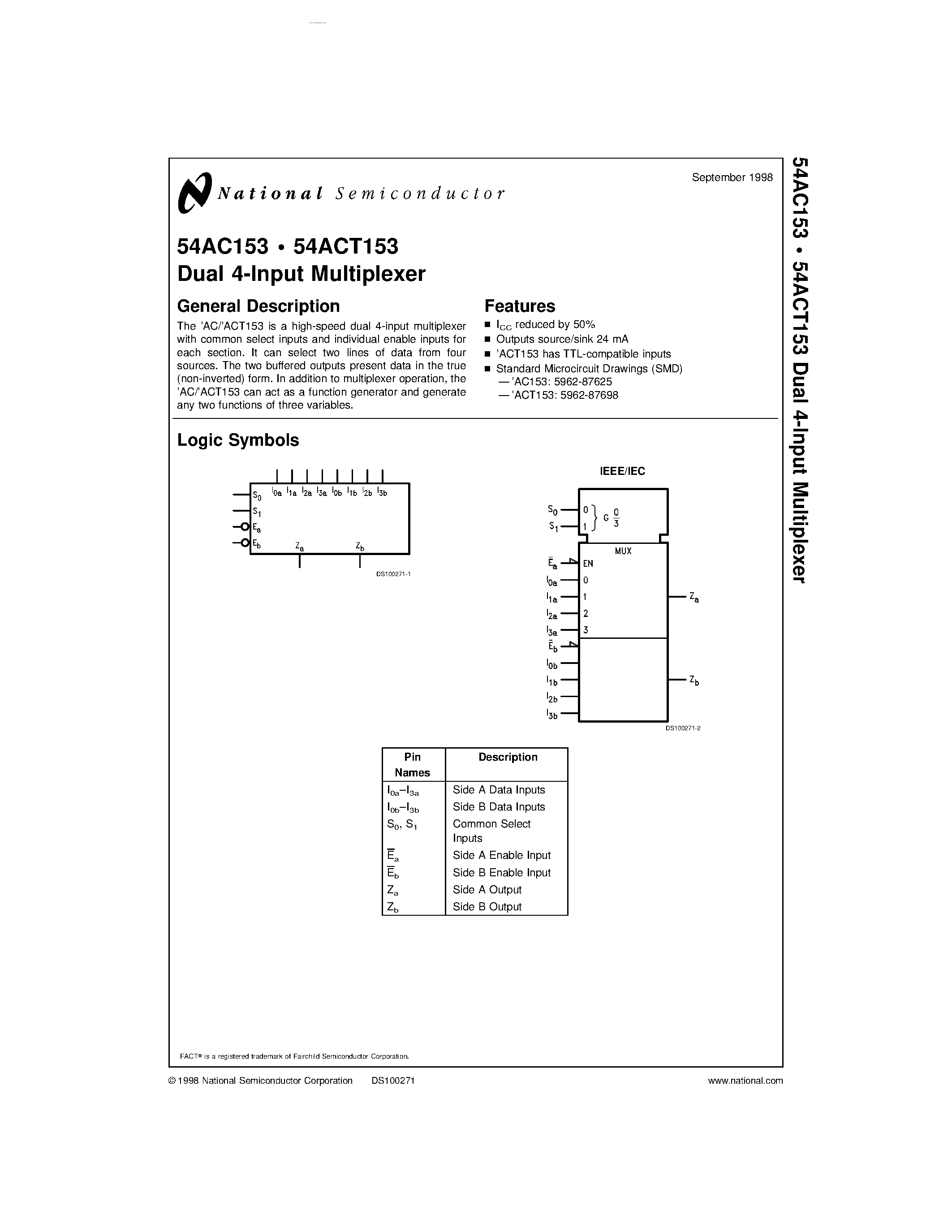 Даташит 54AC153 - Dual 4-Input Multiplexer страница 1