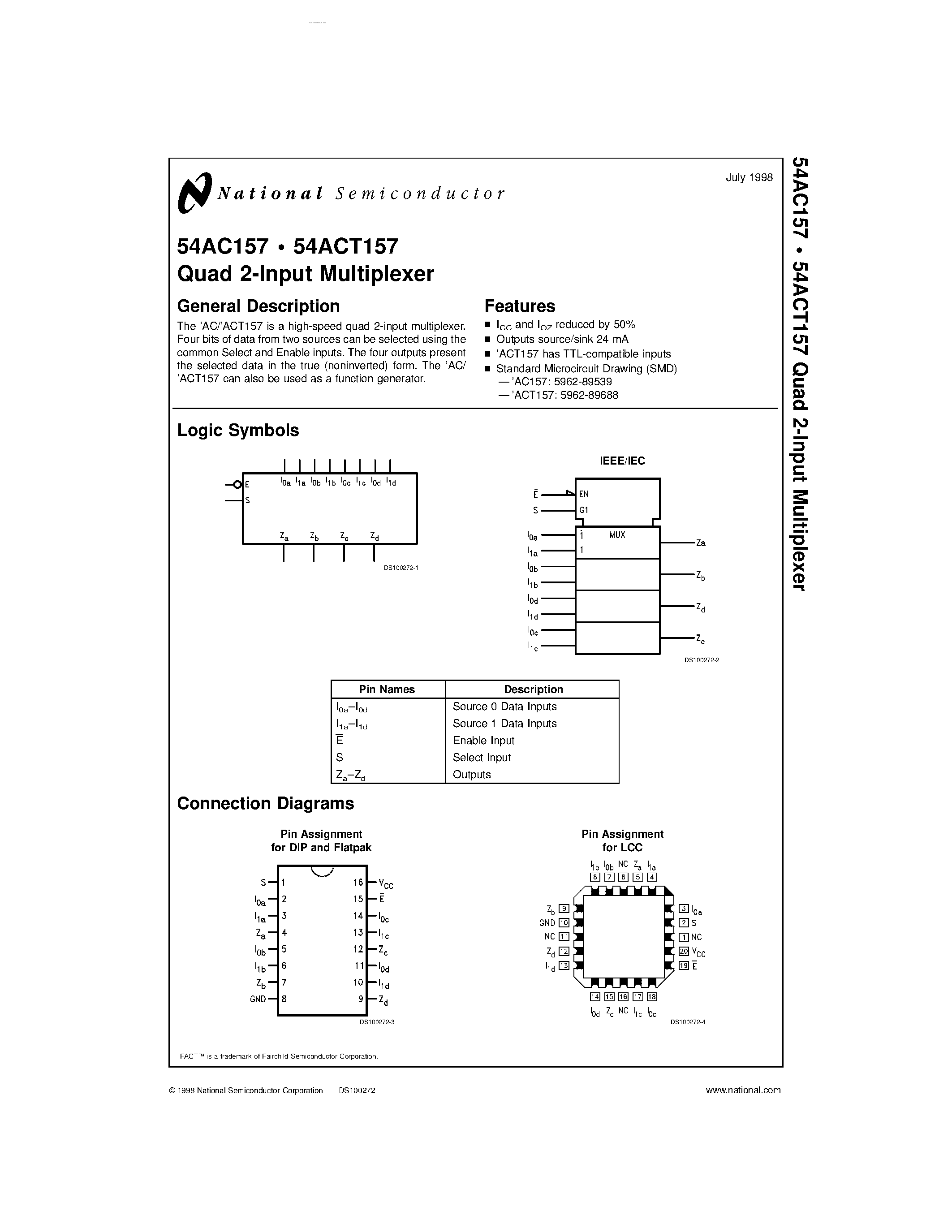 Datasheet 54AC157 - Quad 2-Input Multiplexer page 1