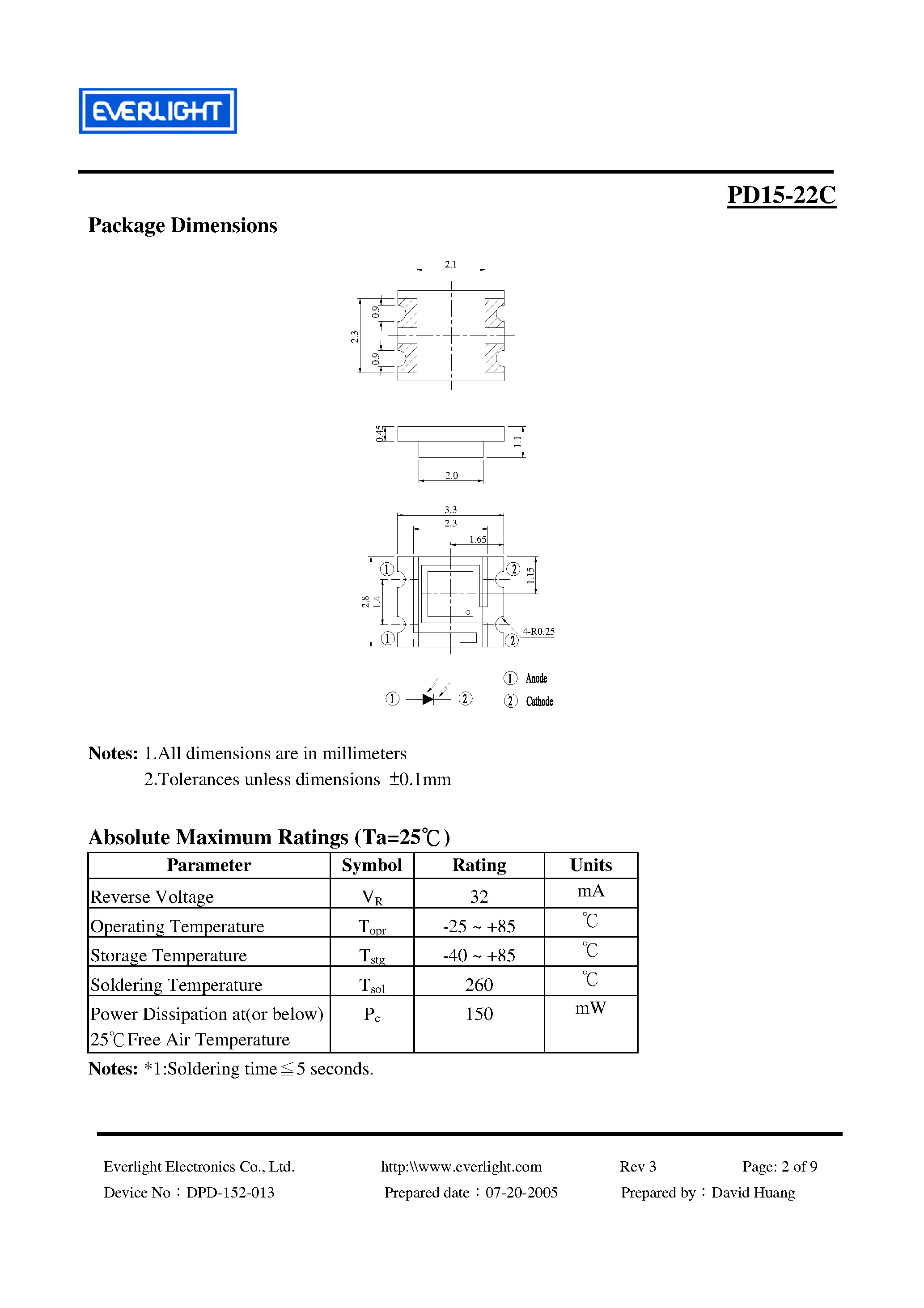 Datasheet PD15-22C - Silicon PIN Photodiode page 2