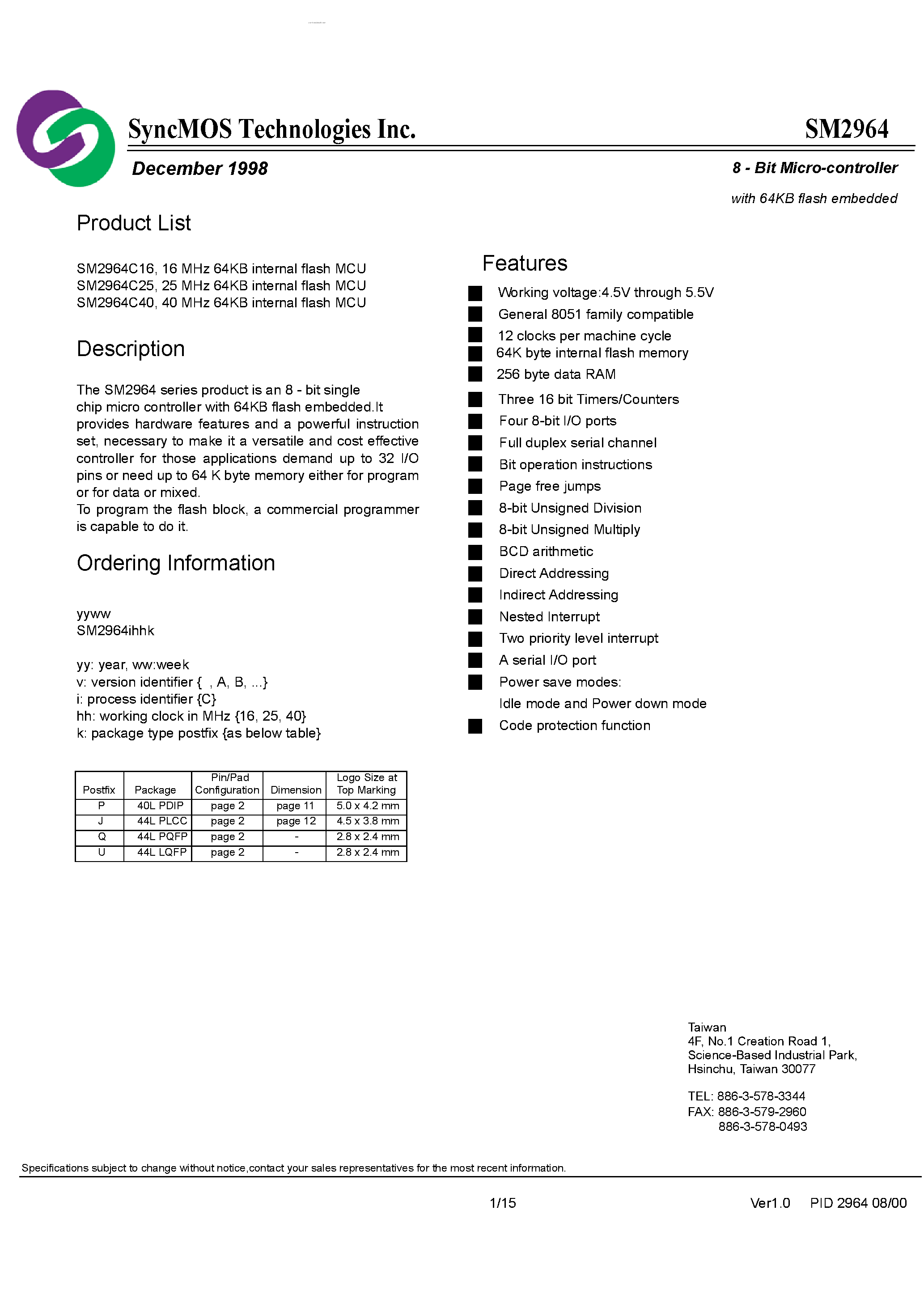 Datasheet SM2964 - 8-Bit Micro-controller page 1