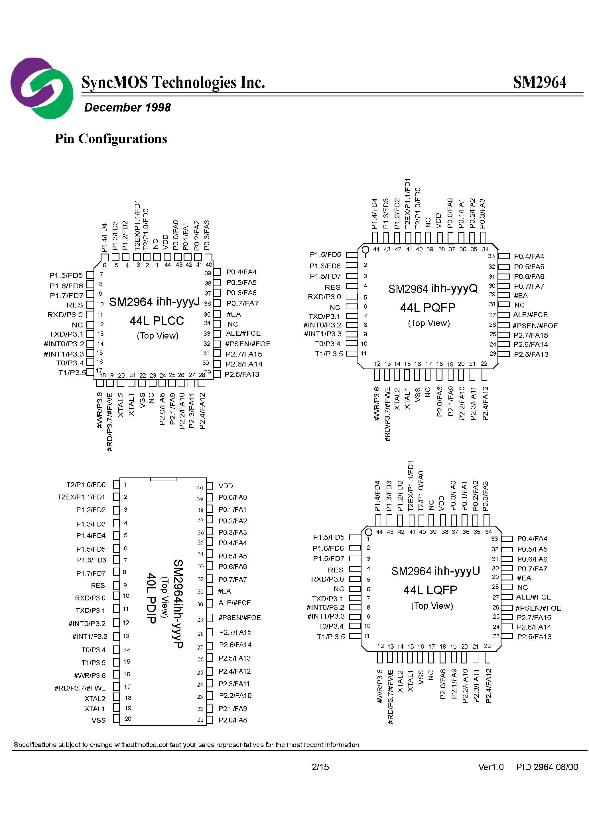 Datasheet SM2964 - 8-Bit Micro-controller page 2