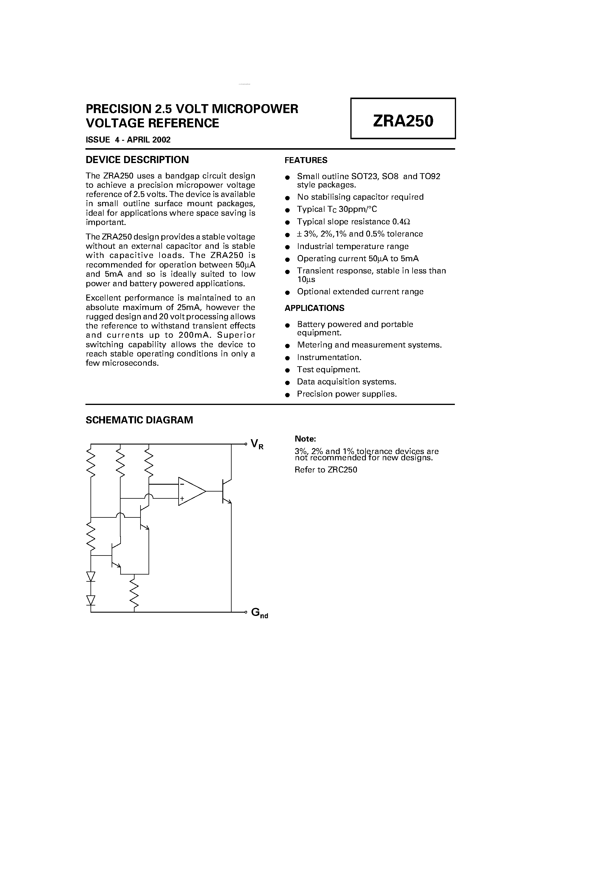 Datasheet ZRA250 - PRECISION 2.5 VOLT MICROPOWER VOLTAGE REFERENCE page 1