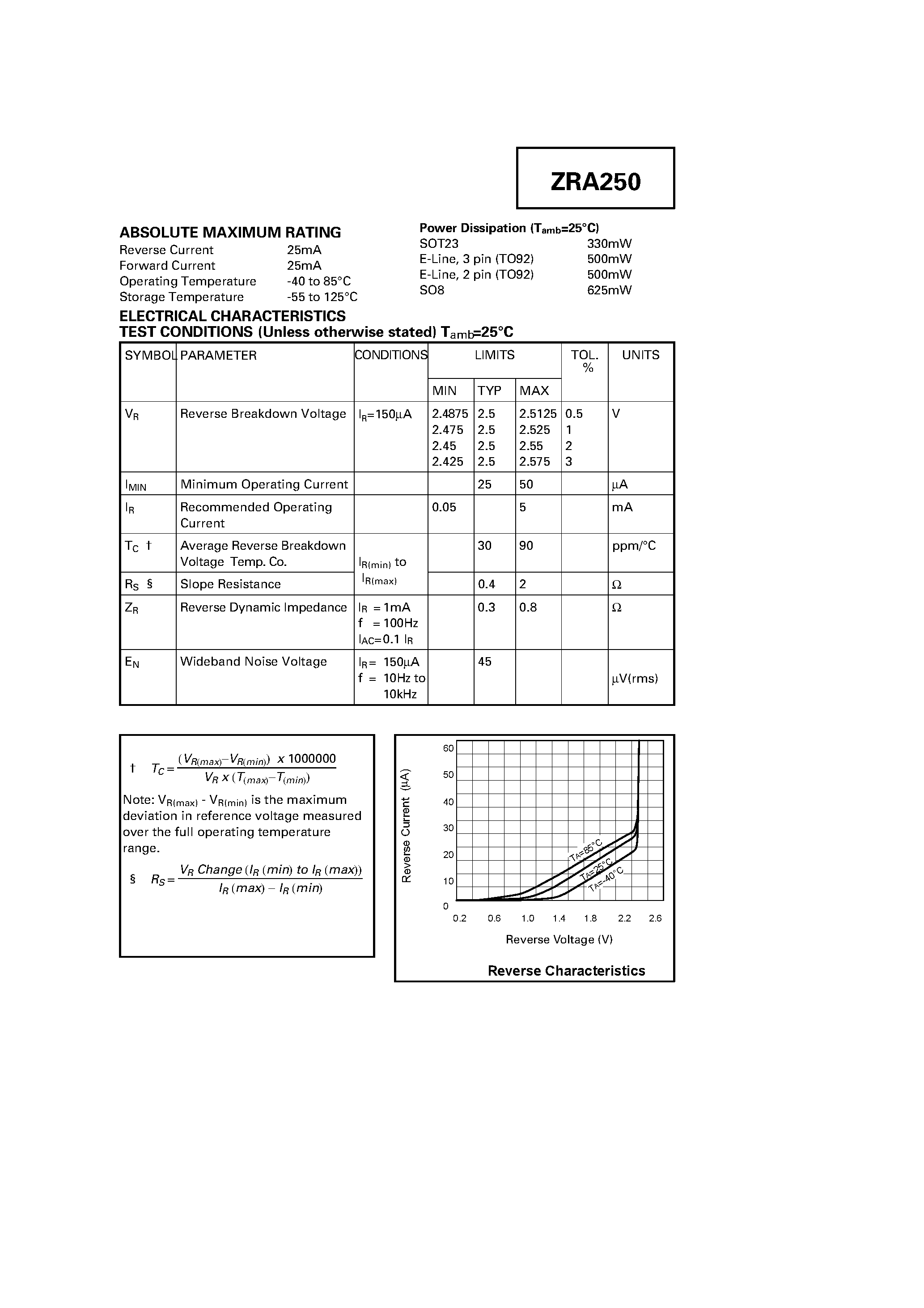 Datasheet ZRA250 - PRECISION 2.5 VOLT MICROPOWER VOLTAGE REFERENCE page 2