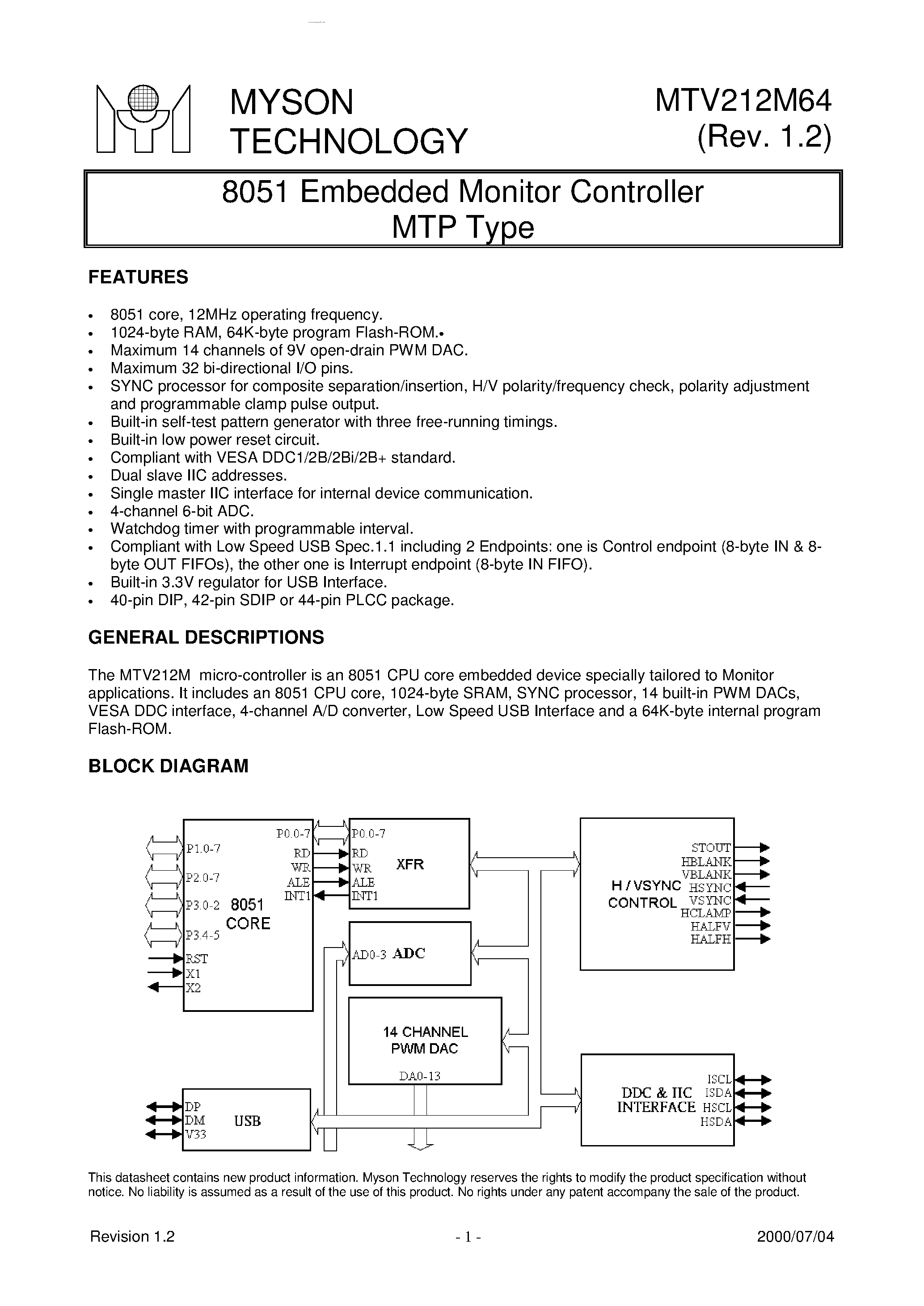 Даташит MTV212M64 - 8051 Embedded Monitor Controller MTP Type страница 1
