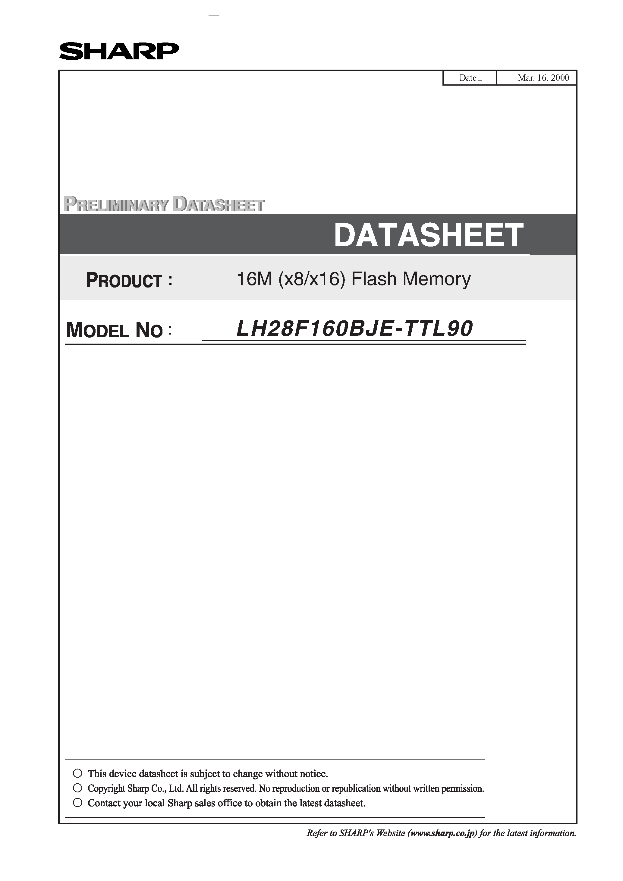 Datasheet LH28F160BJE-TTL90 - Flash Memory page 1
