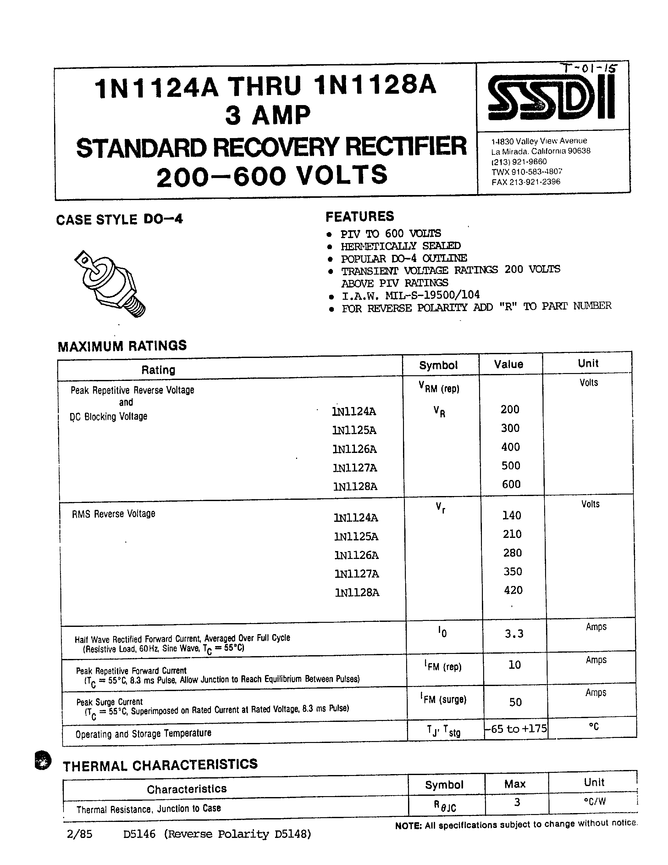 Datasheet 1N1127A - (1N1124A - 1N1128A) STANDARD RECOVERY RECTIFIER page 1