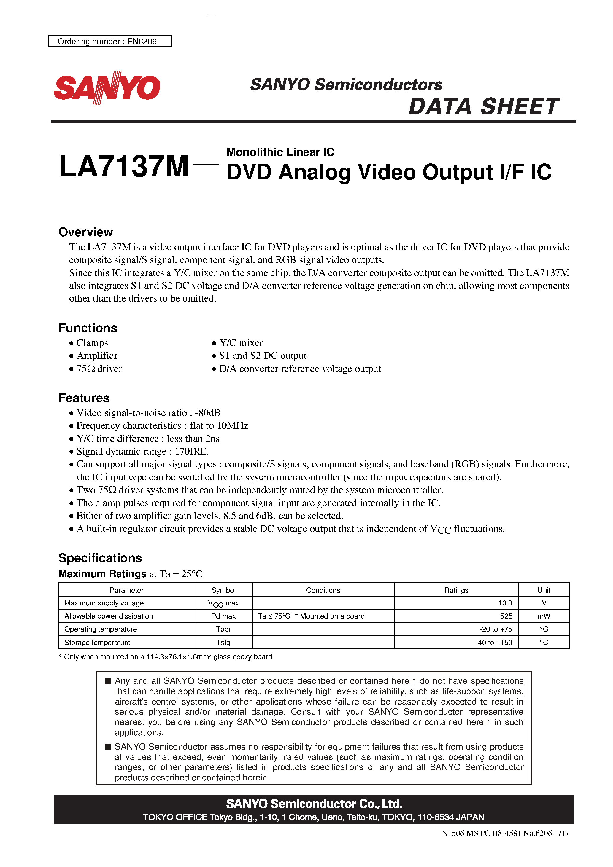 Datasheet LA7137M - DVD Analog Video Outpit I/F IC page 1