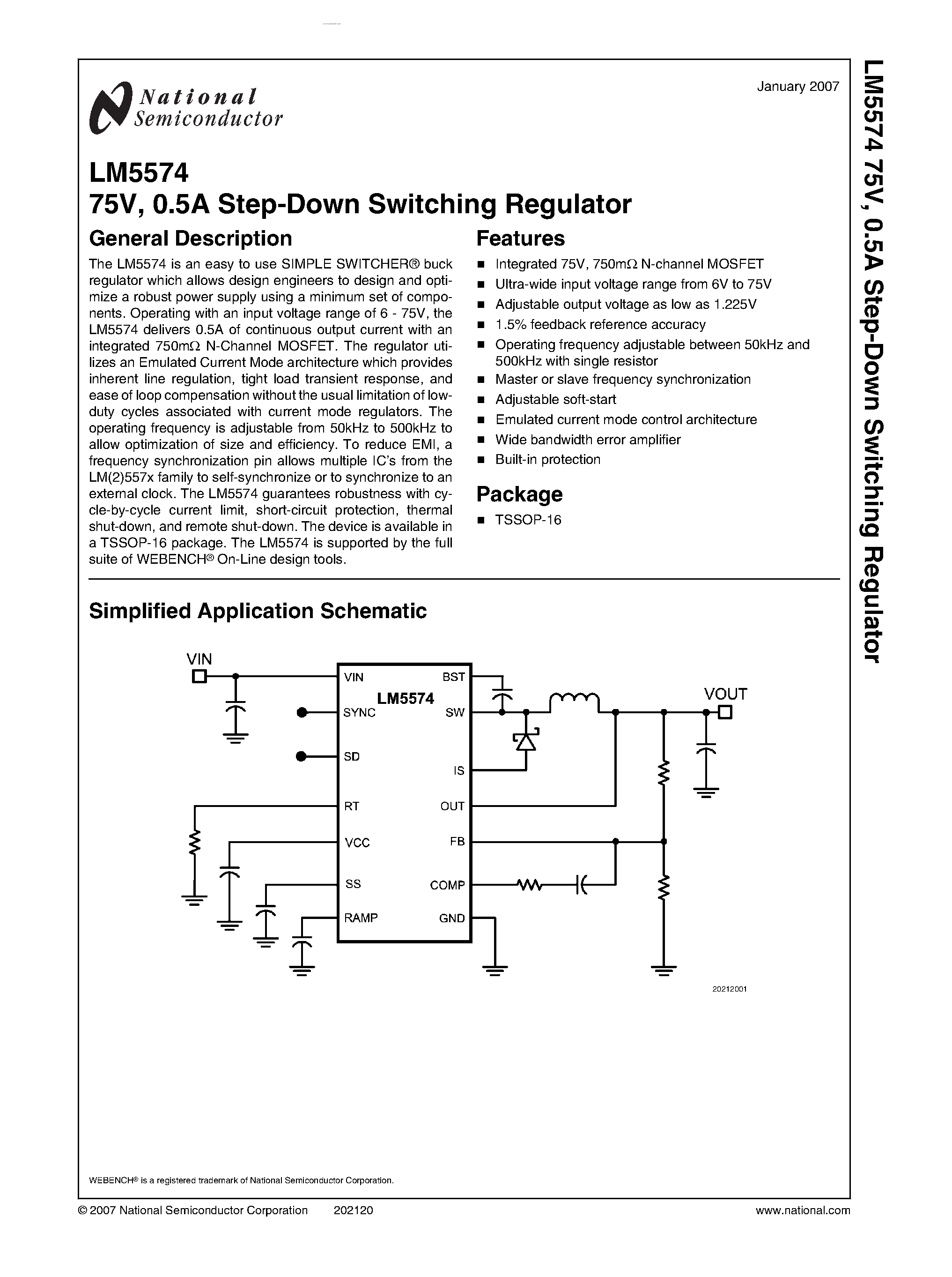 Даташит LM5574 - Step-Down Switching Regulator страница 1