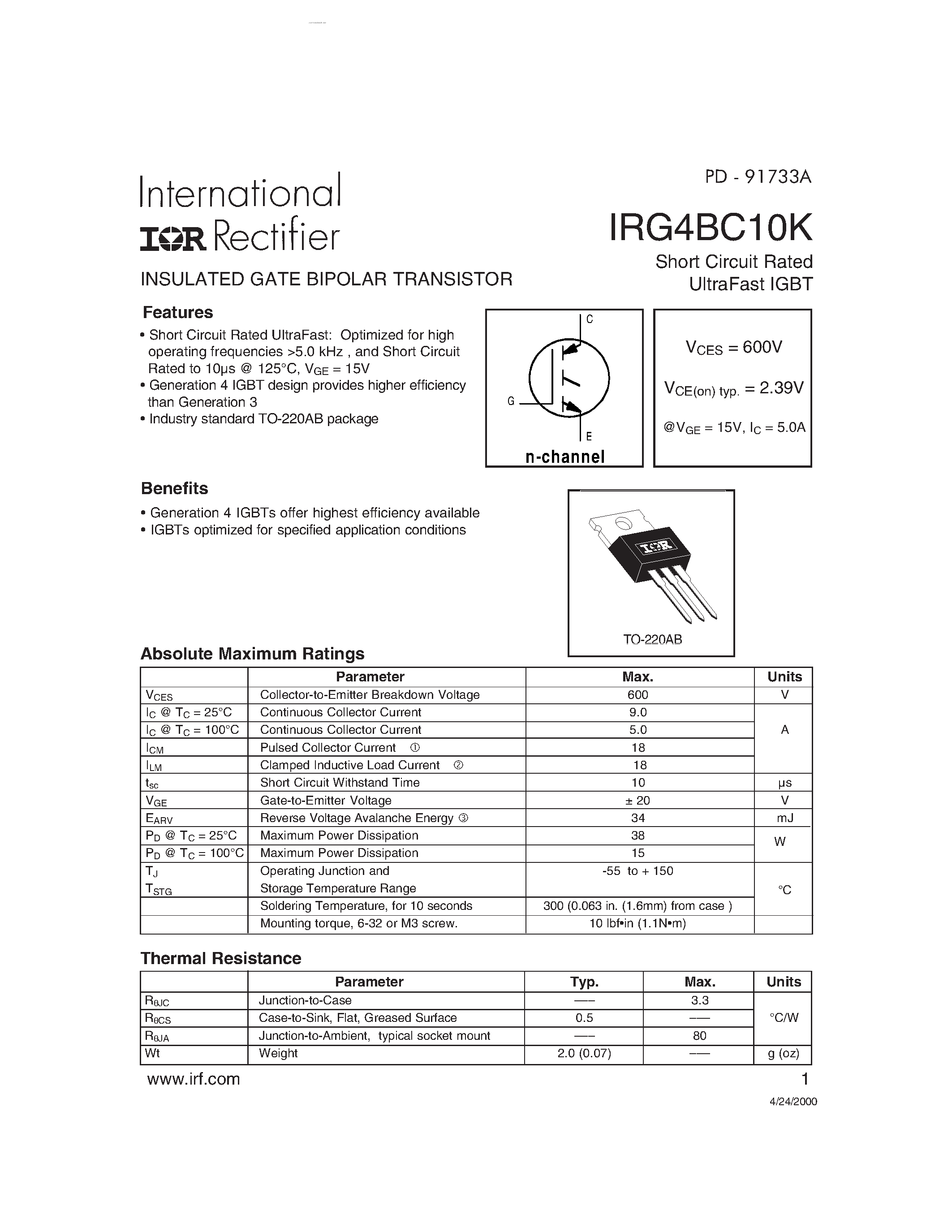 Datasheet IRG4BC10K - Short Circuit Rated UltraFast IGBT page 1