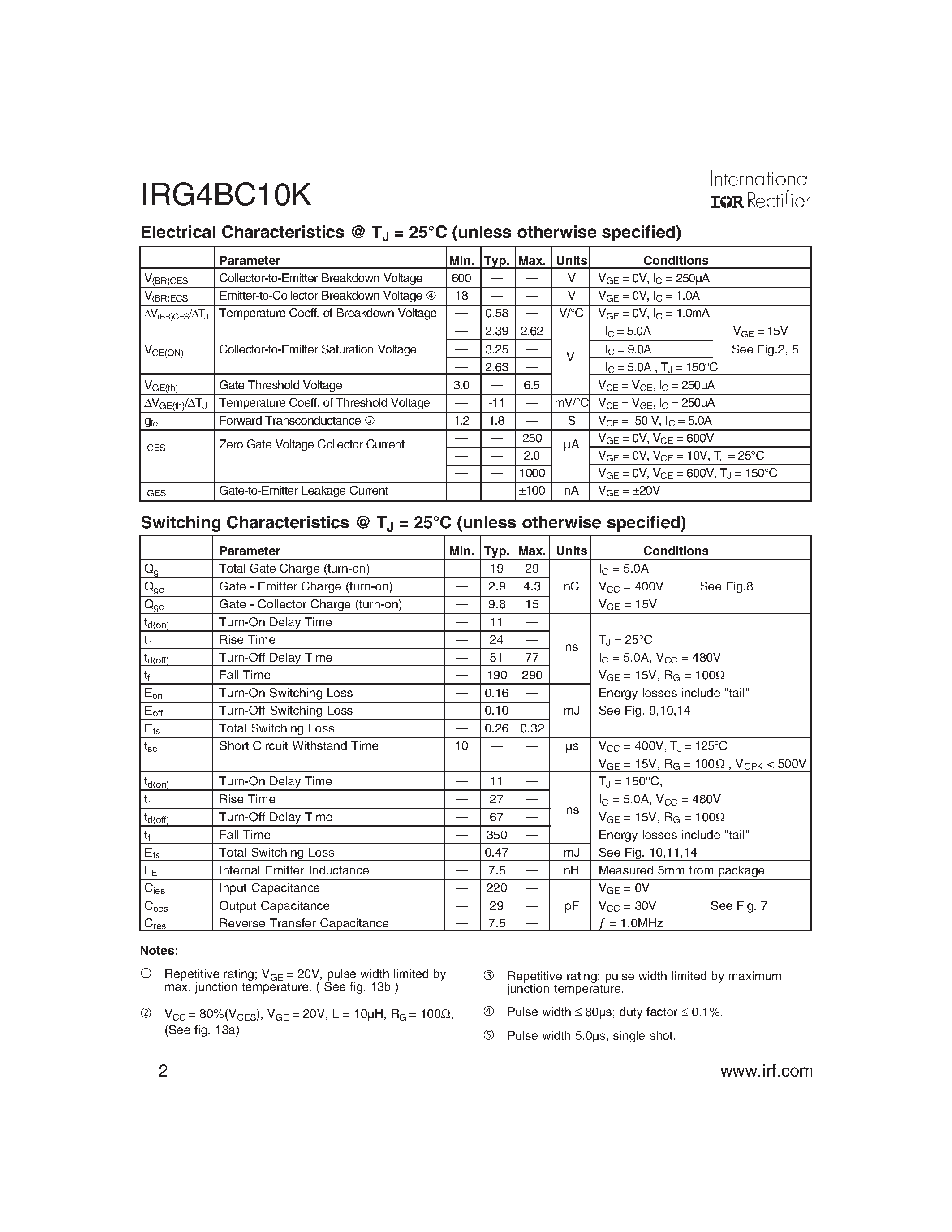 Datasheet IRG4BC10K - Short Circuit Rated UltraFast IGBT page 2