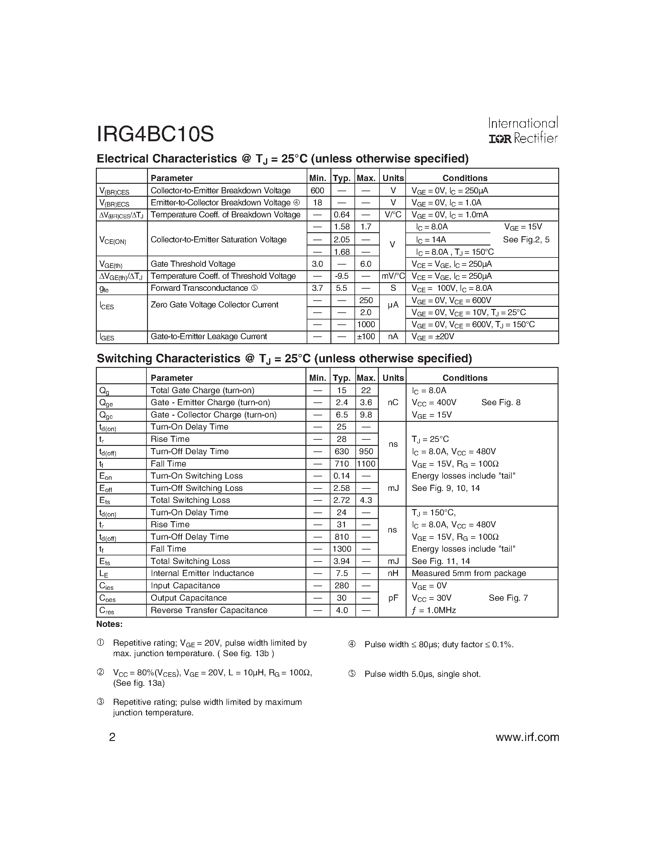 Datasheet IRG4BC10S - INSULATED GATE BIPOLAR TRANSISTOR page 2