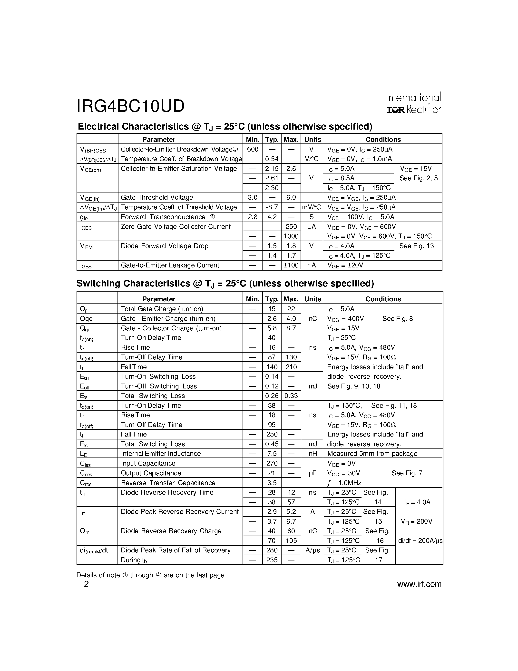Datasheet IRG4BC10UD - INSULATED GATE BIPOLAR TRANSISTOR page 2