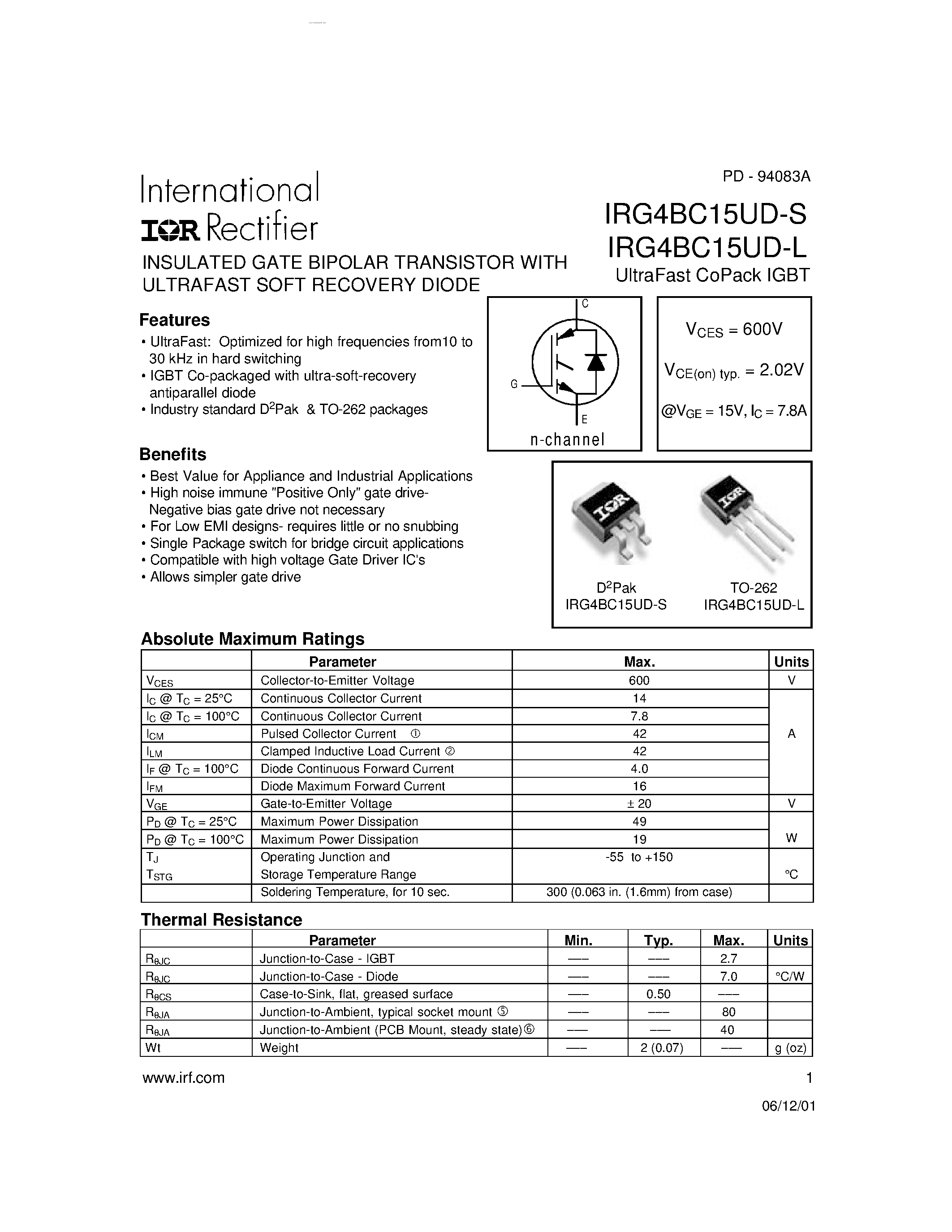 Datasheet IRG4BC15UD-L - (IRG4BC15UD-L/-S) INSULATED GATE BIPOLAR TRANSISTOR page 1
