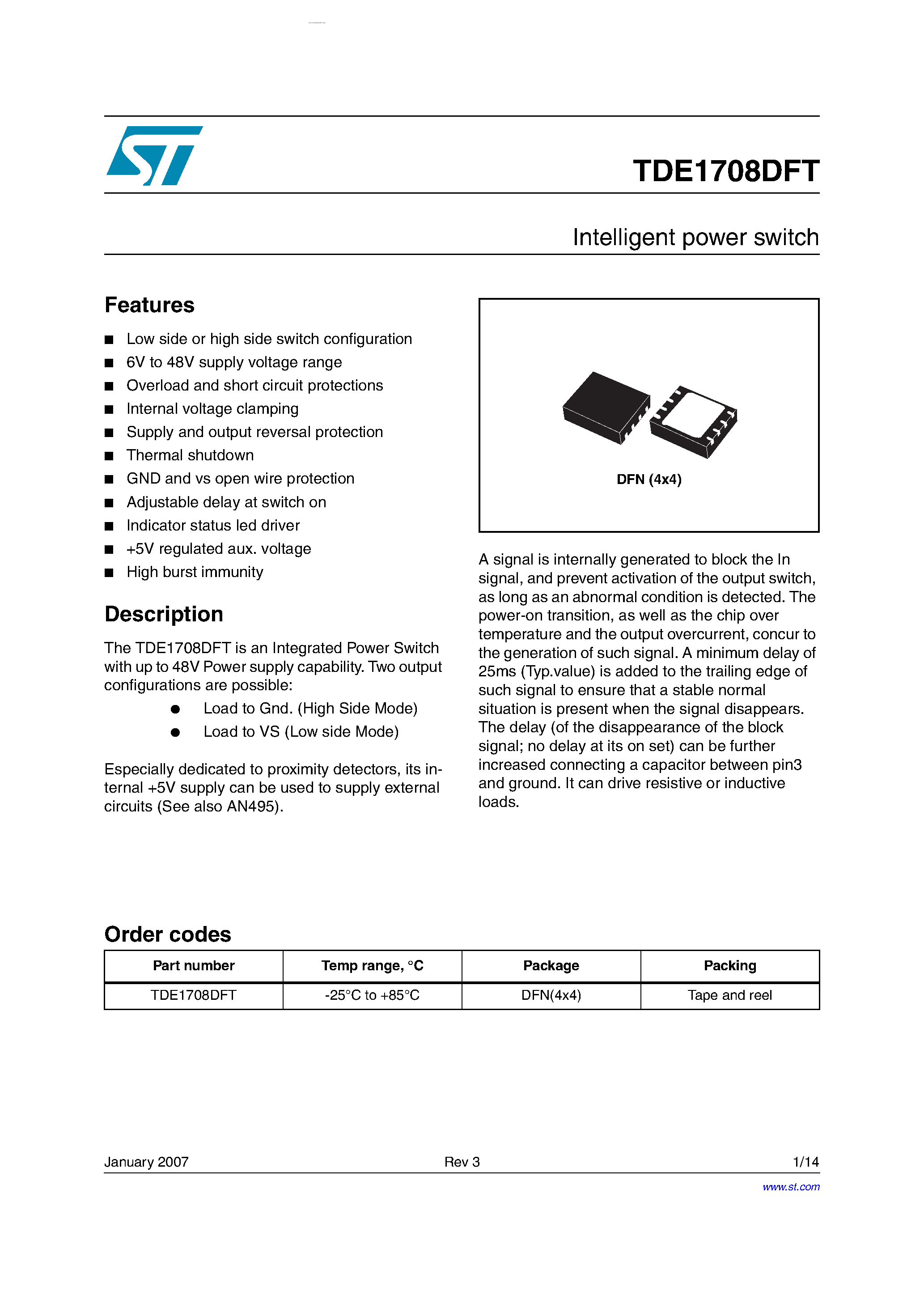 Datasheet TDE1708DFT - Intelligent power switch page 1