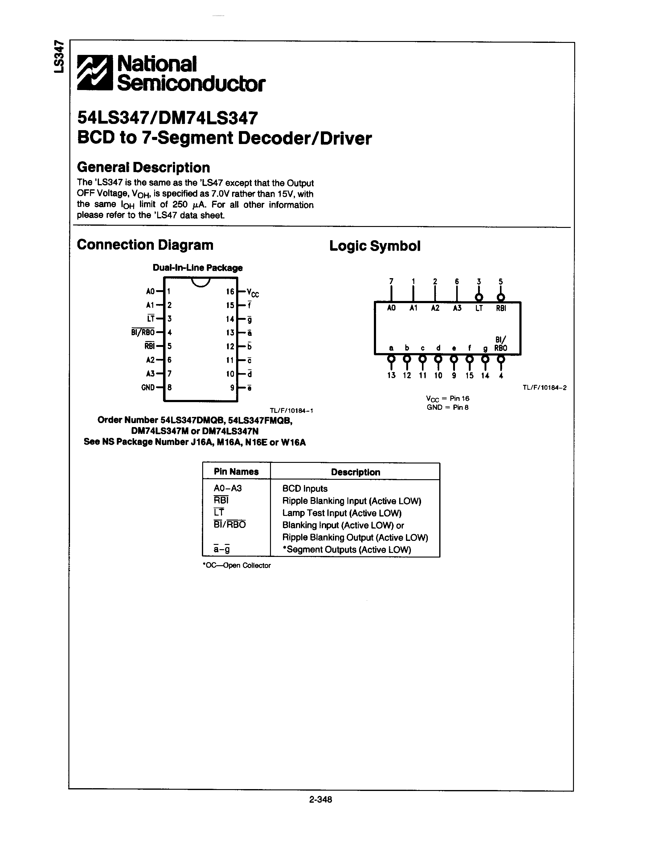 Даташит 54LS347 - BCD TO 7-SEGMENT DECODER / DRIVER страница 1