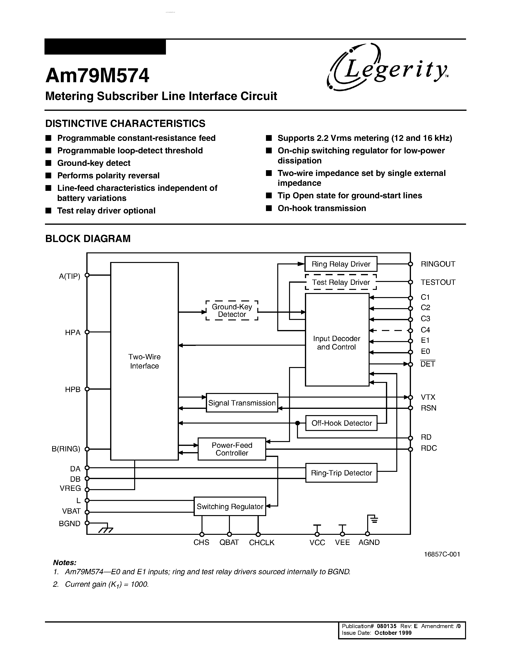 Даташит AM79M574 - Metering Subscriber Line Interface Circuit страница 1