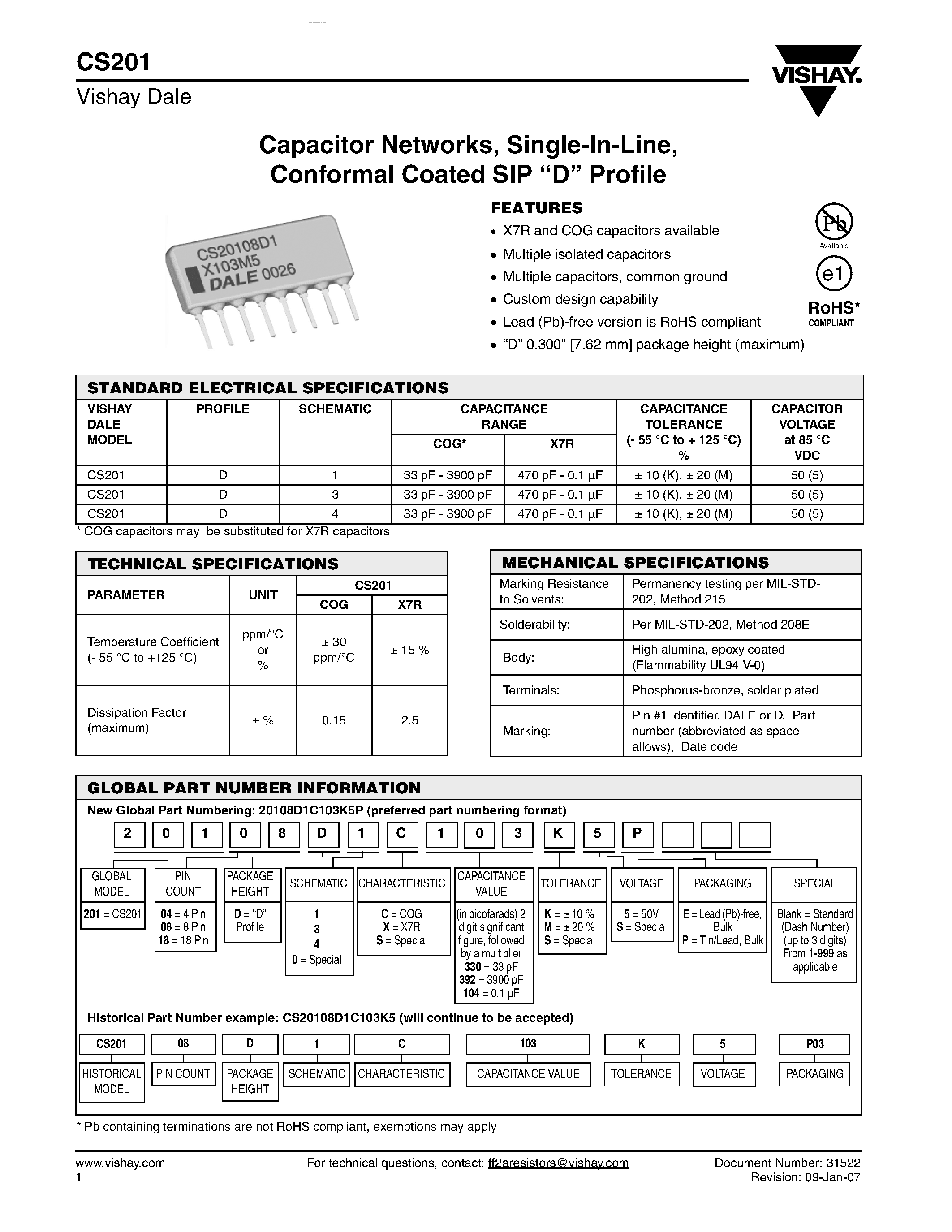 Datasheet CS201 - Conformal Coated SIP D Profile page 1
