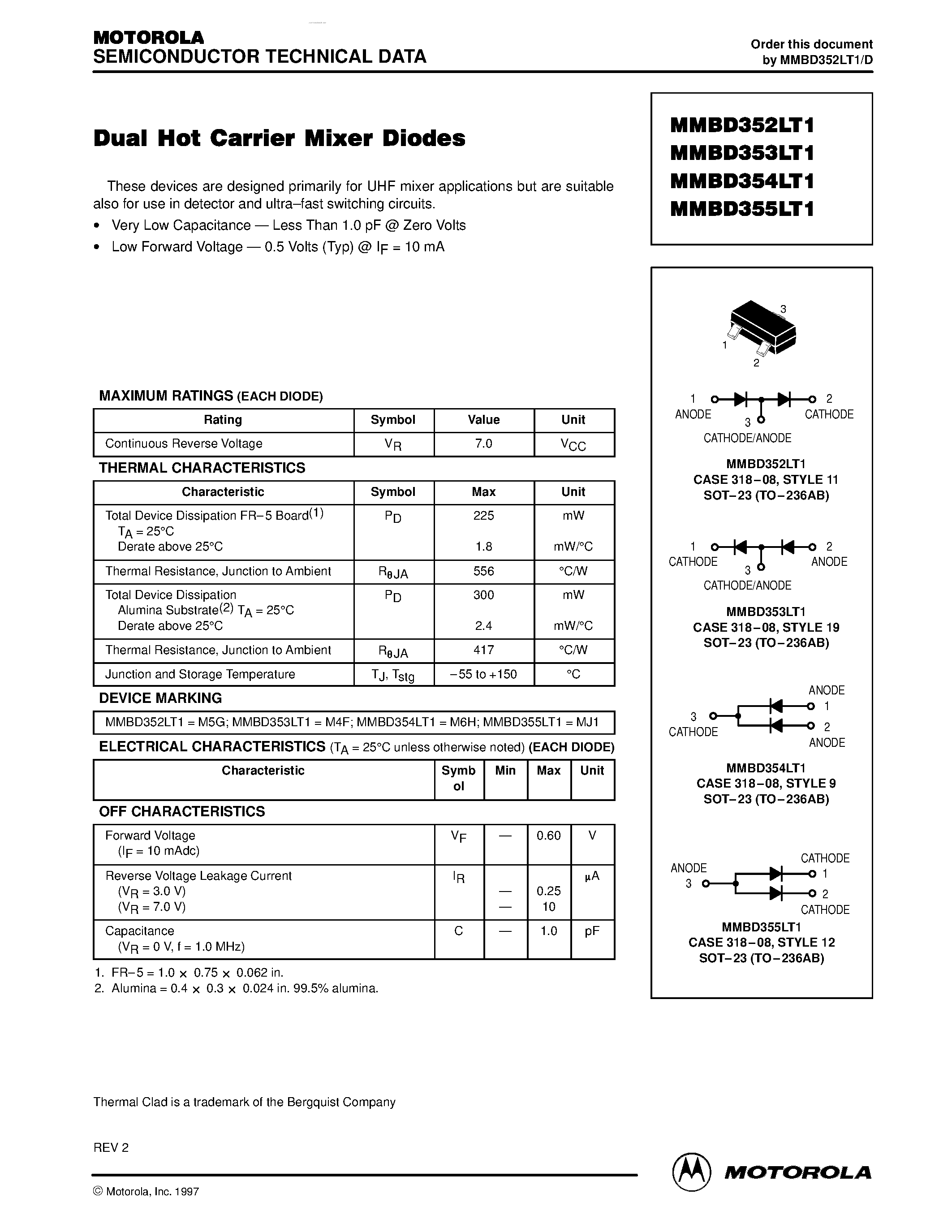 Datasheet MMBD352LT1 - (MMBD35xLT1) Dual Hot Carrier Mixer Diodes page 1