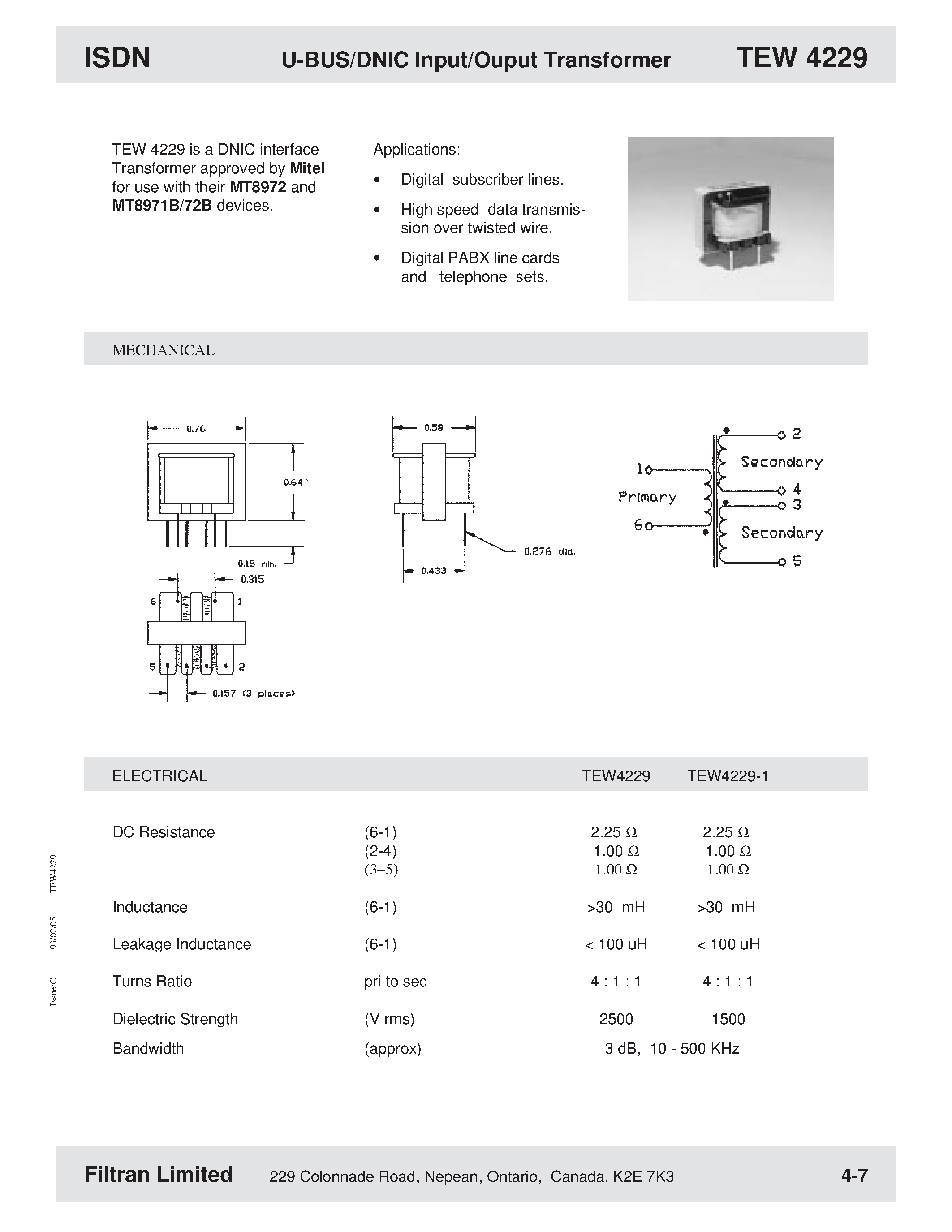 Datasheet TEW4229 - U-BUS/DNIC Input/Ouput Transformer page 1