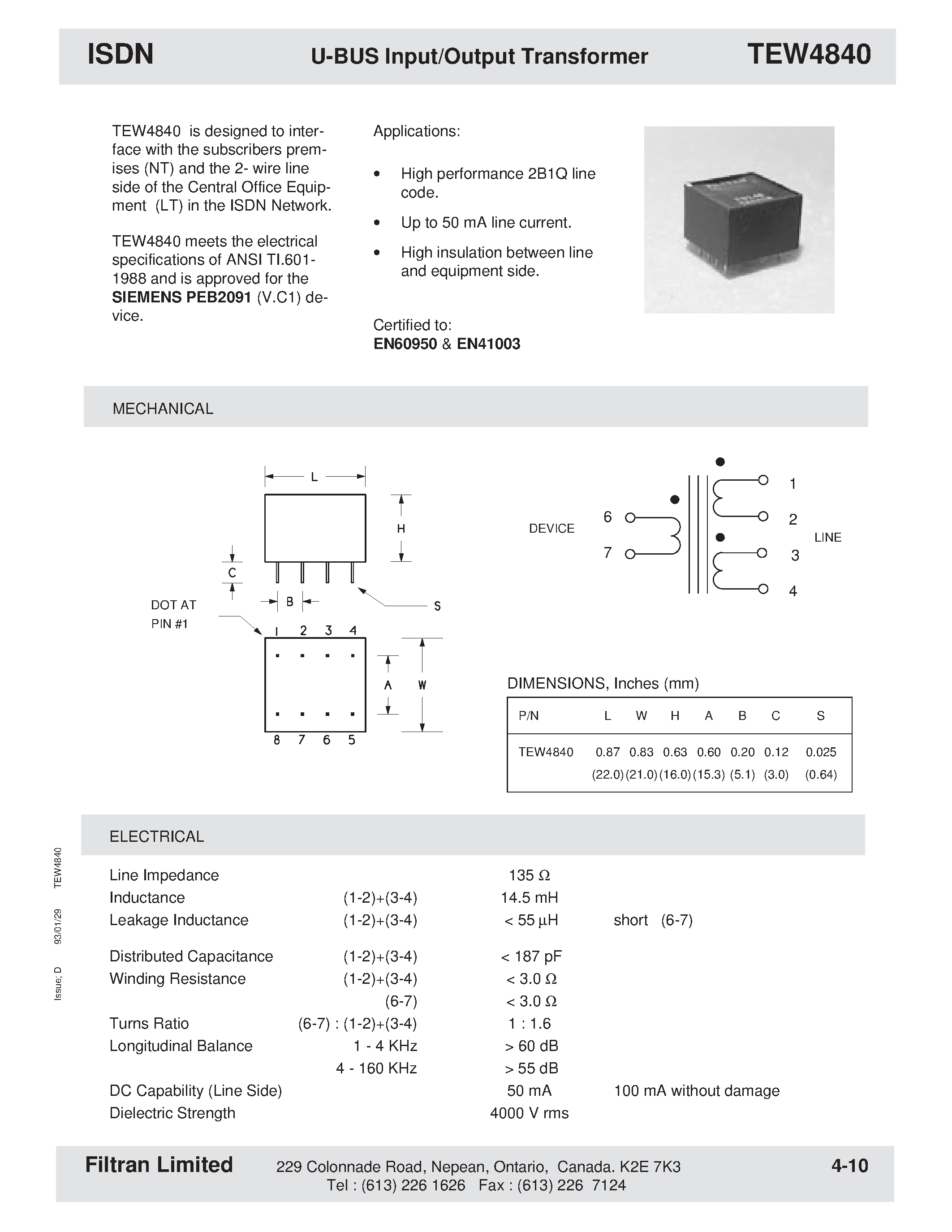 Datasheet TEW4840 - ISDN U-BUS Input/Output Transformer page 1