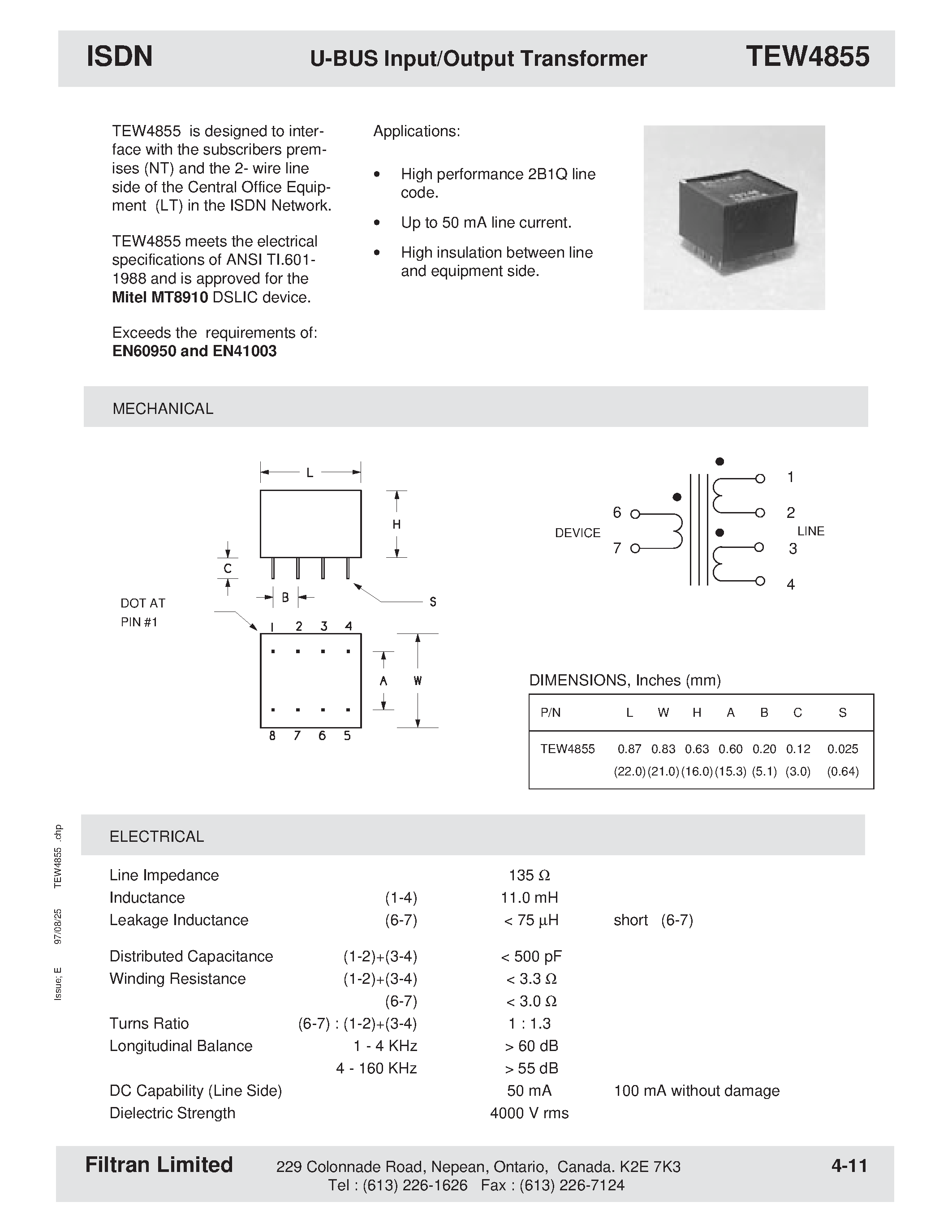 Datasheet TEW4855 - ISDN U-BUS Input/Output Transformer page 1