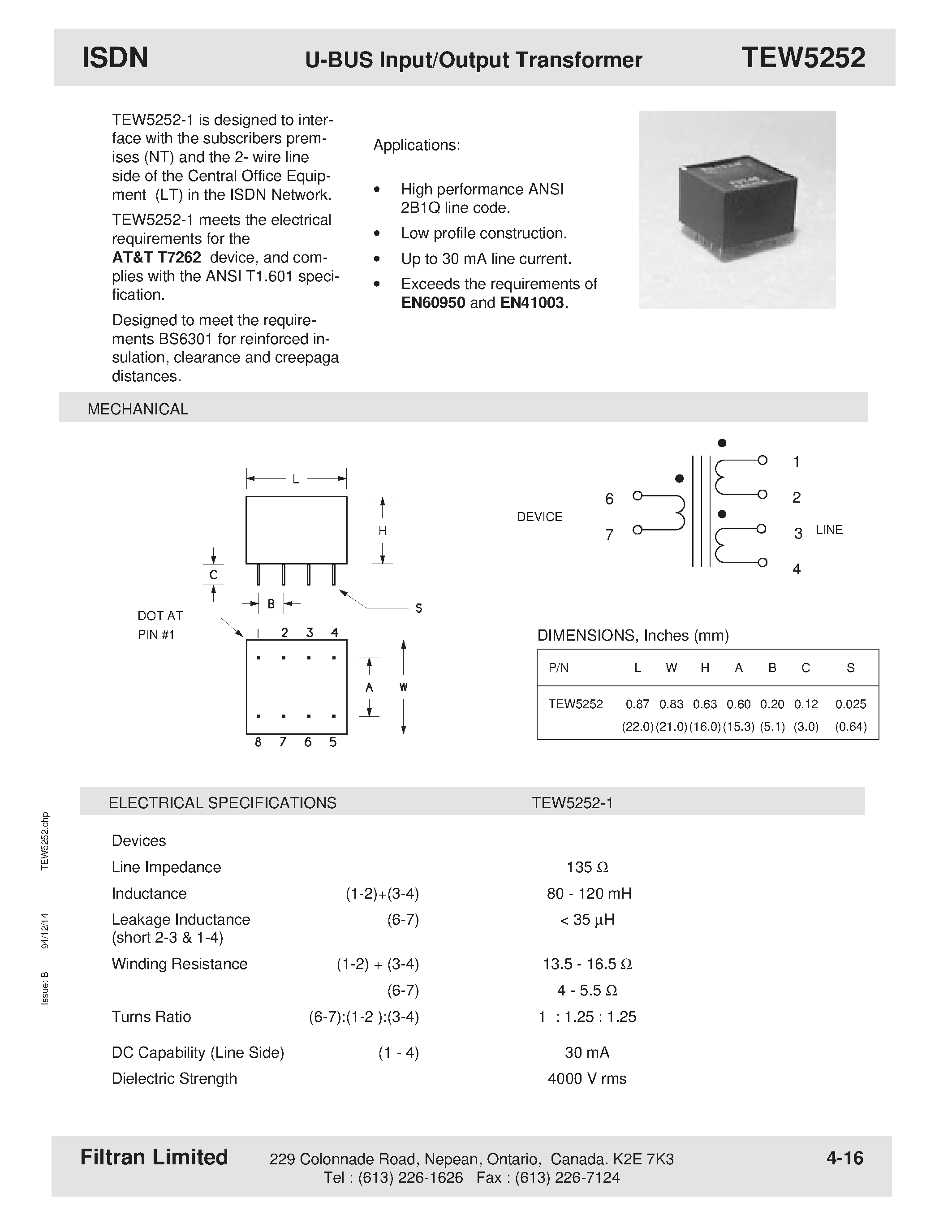 Datasheet TEW5252 - ISDN U-BUS Input/Output Transformer page 1