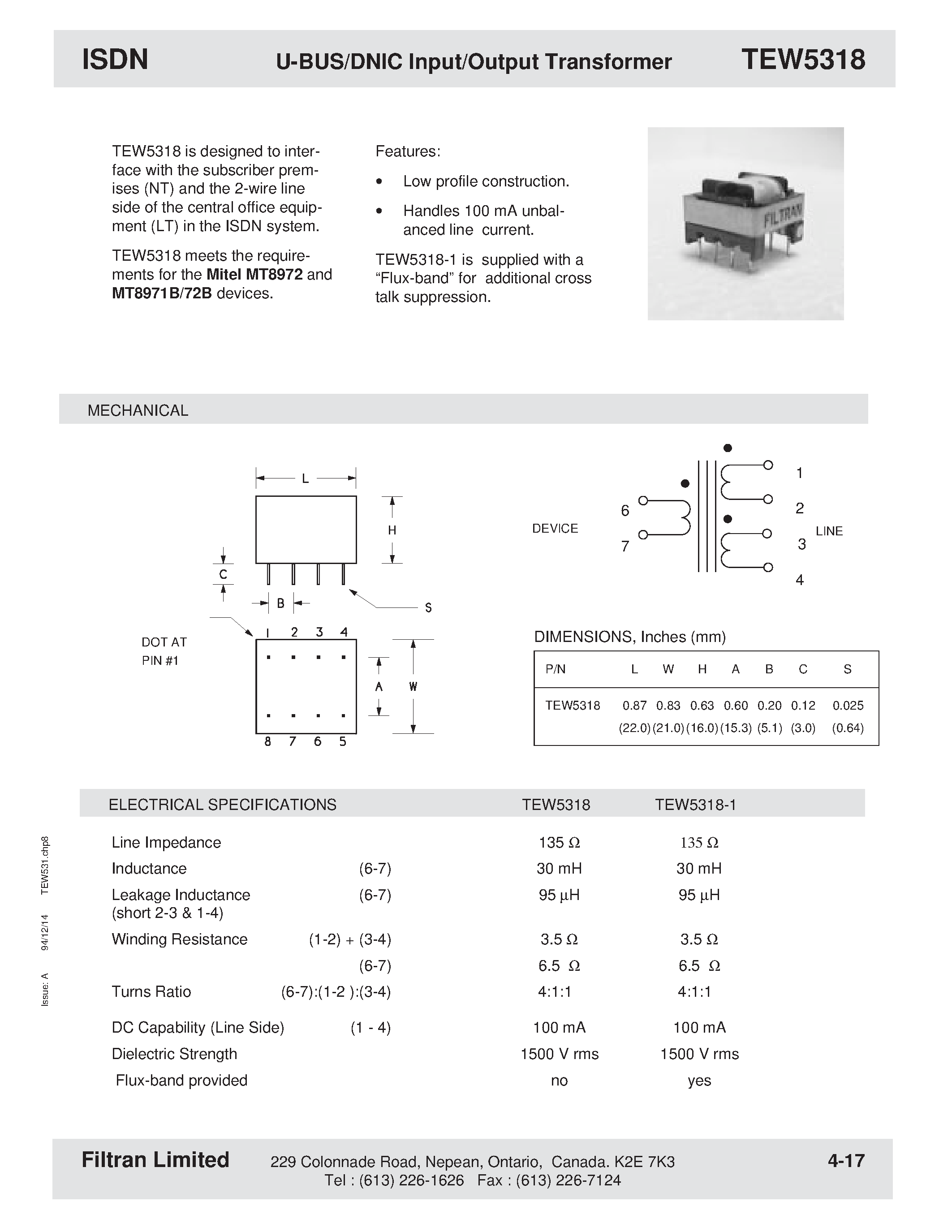 Datasheet TEW5318 - ISDN U-BUS/DNIC Input/Output Transformer page 1