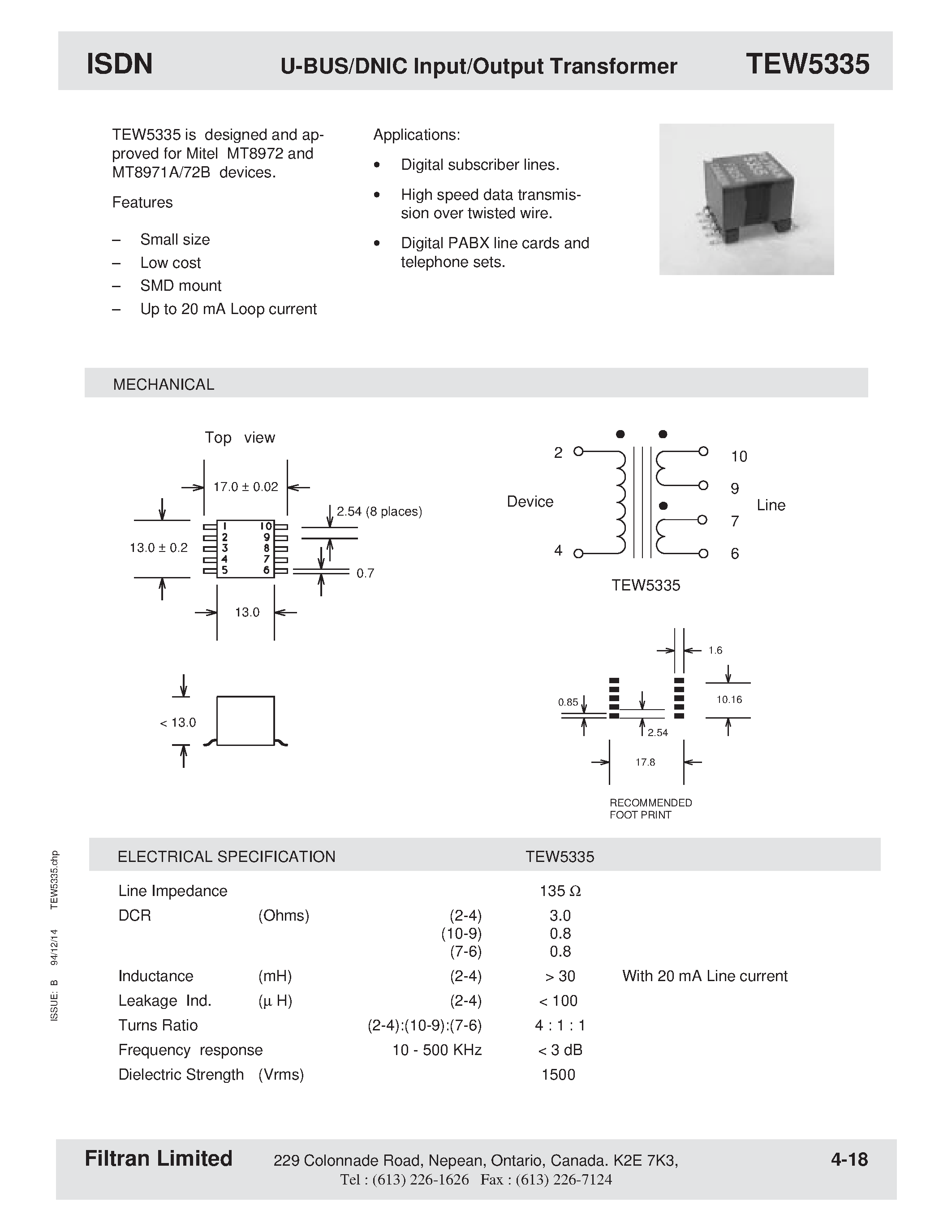 Даташит TEW5335 - ISDN U-BUS/DNIC Input/Output Transformer страница 1
