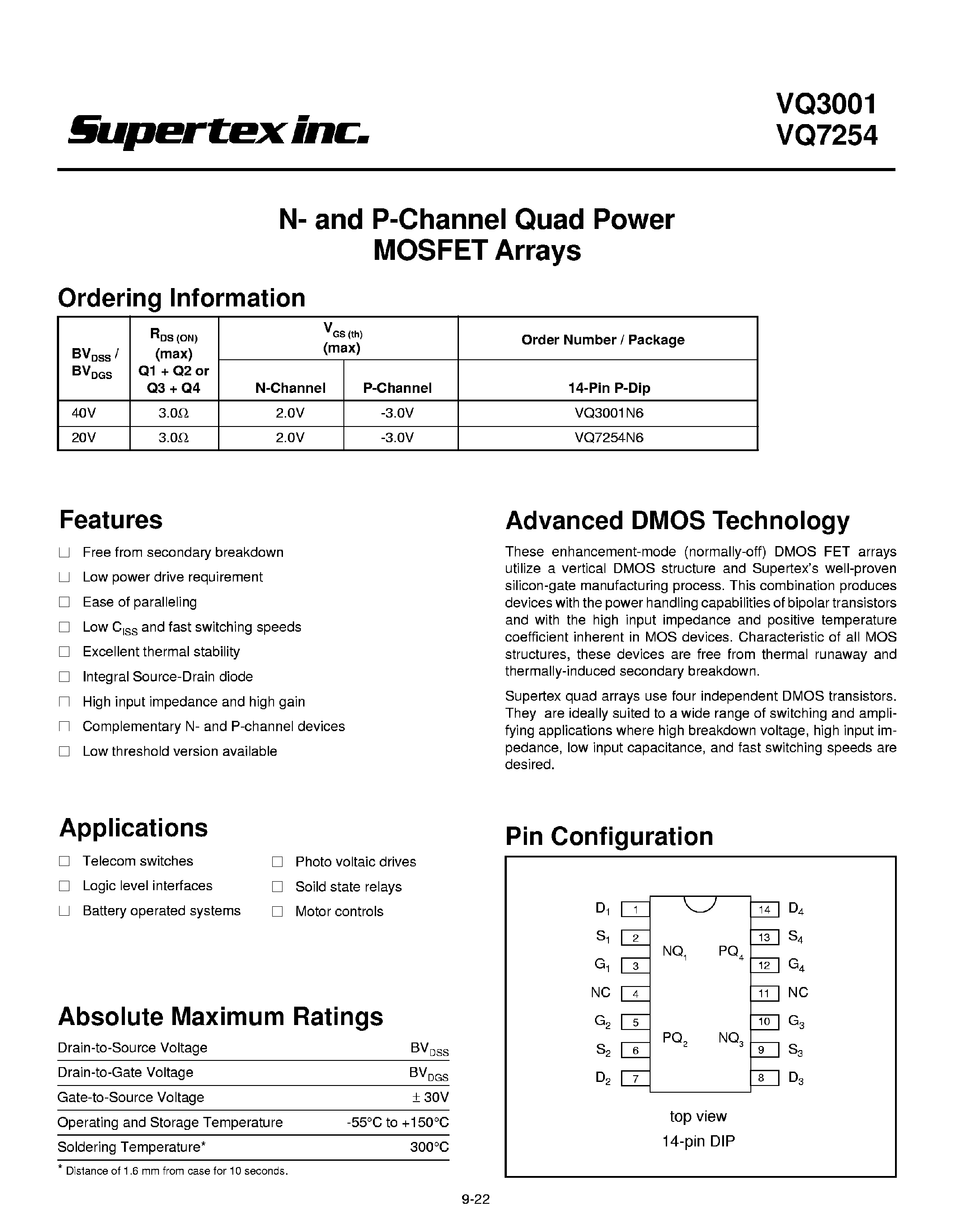 Datasheet VQ3001 - N- and P-Channel Quad Power MOSFET Arrays page 1