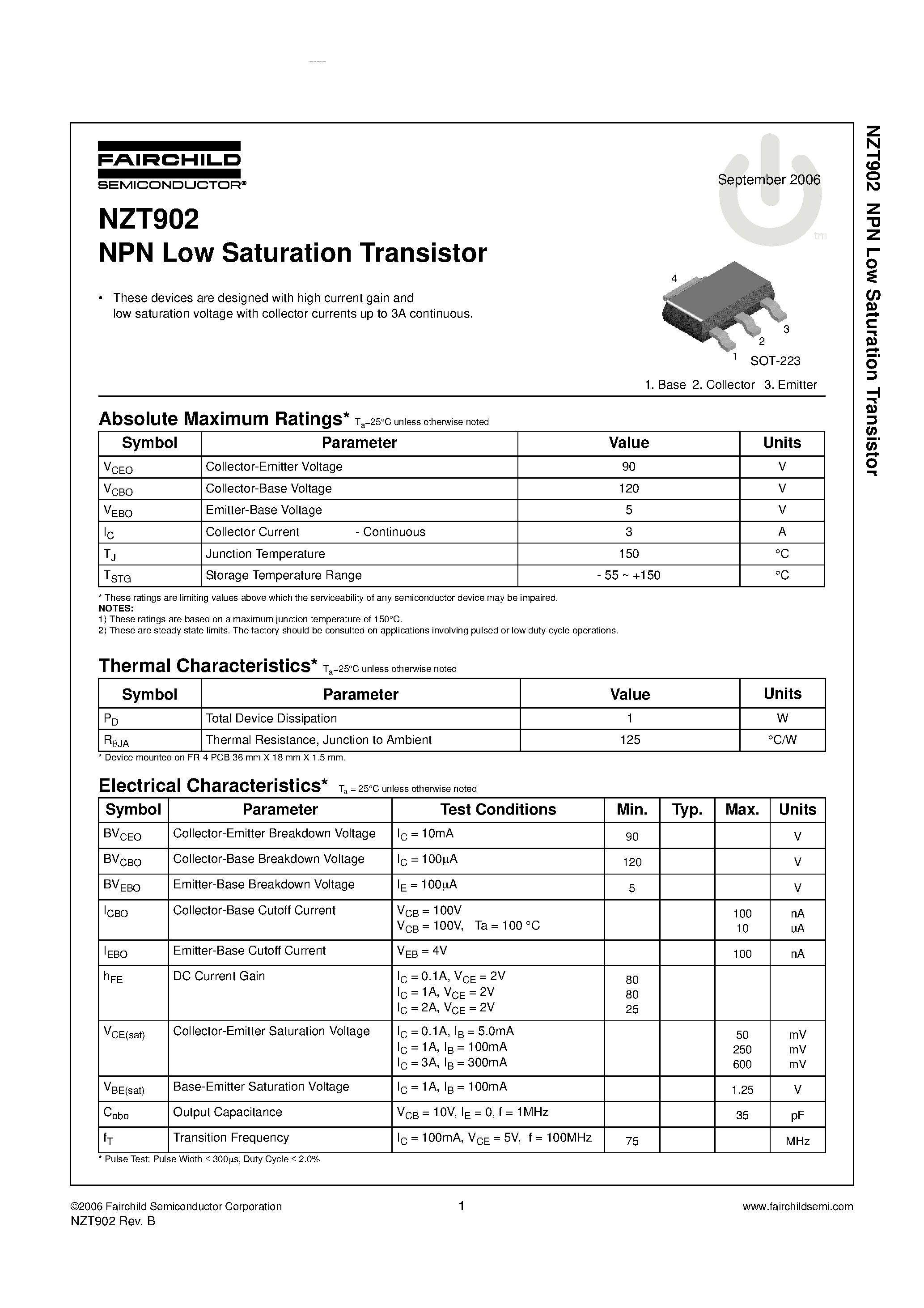 Даташит NZT902 - NPN Low Saturation Transistor страница 1