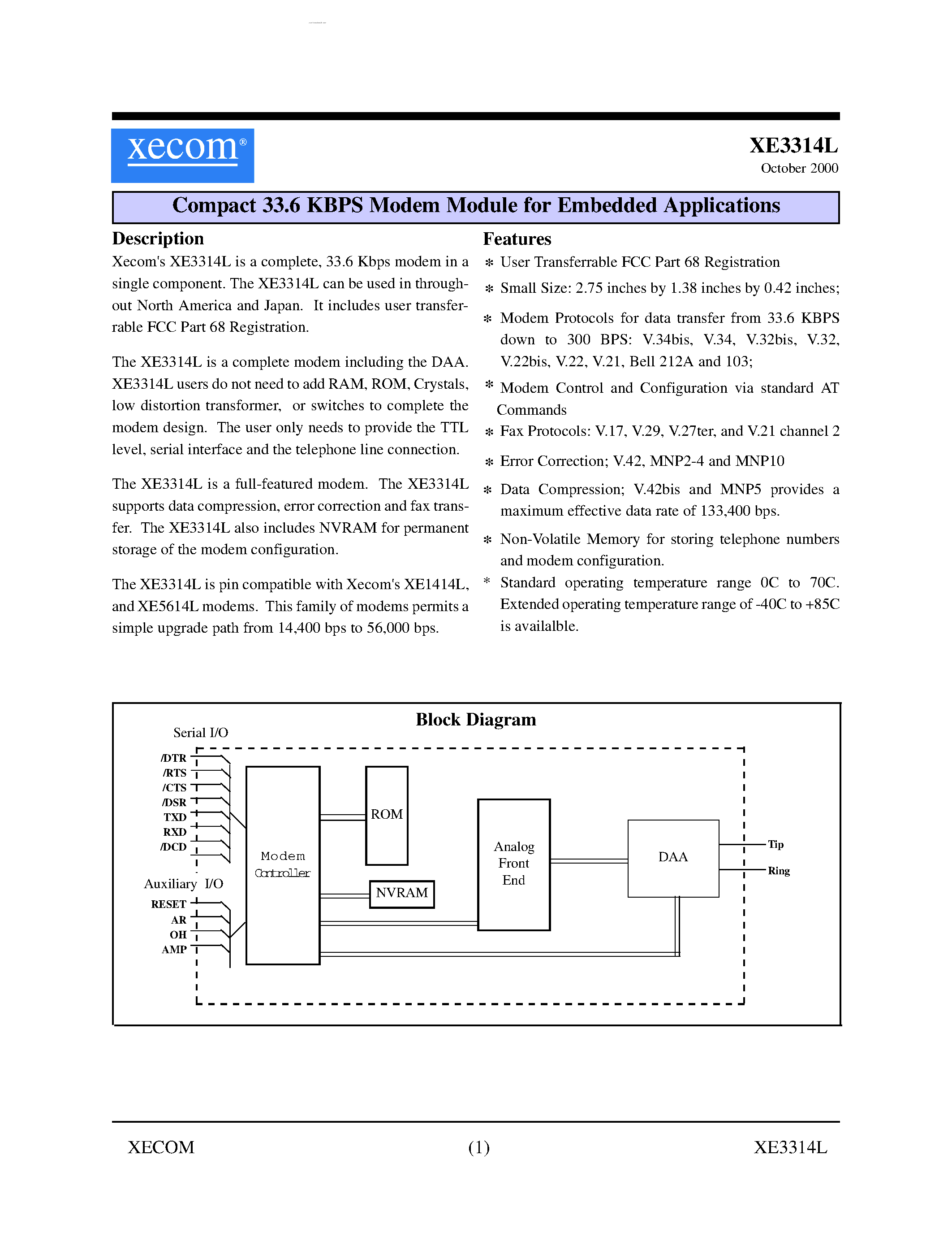Datasheet XE3314L - Compact 33.6 KBPS Modem Module page 1