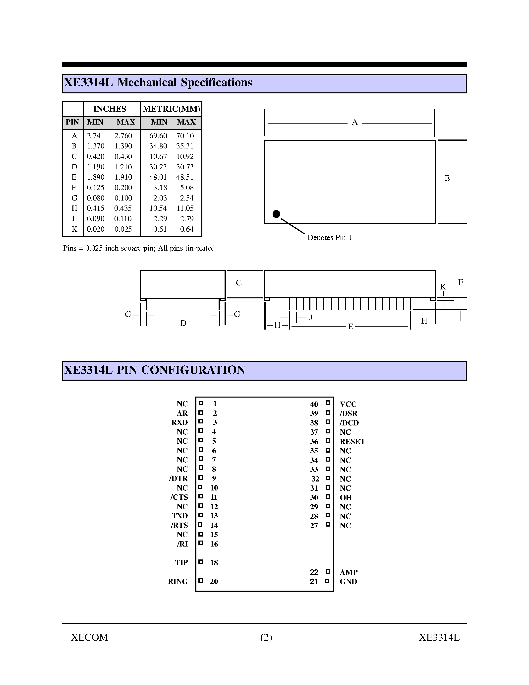 Datasheet XE3314L - Compact 33.6 KBPS Modem Module page 2
