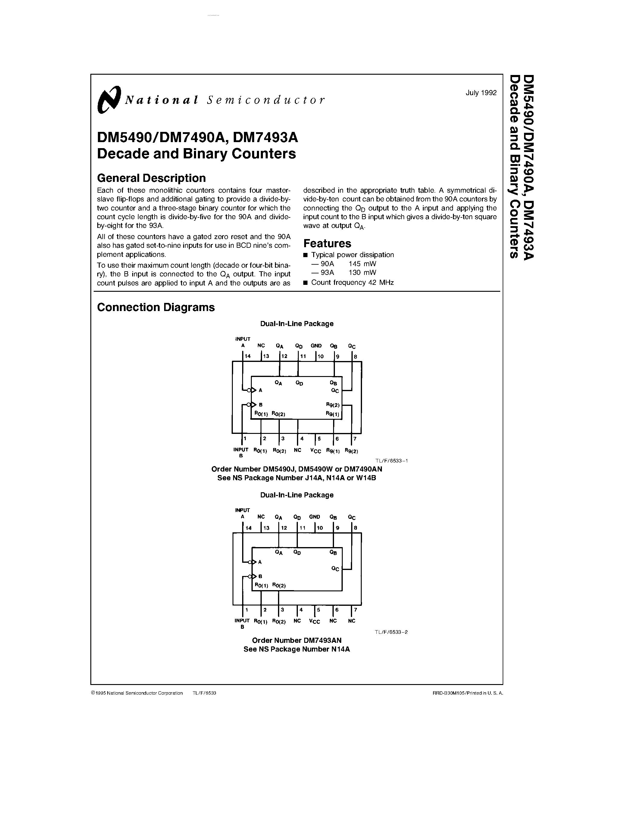 Datasheet 7493 - Decade and Binary Counters page 1