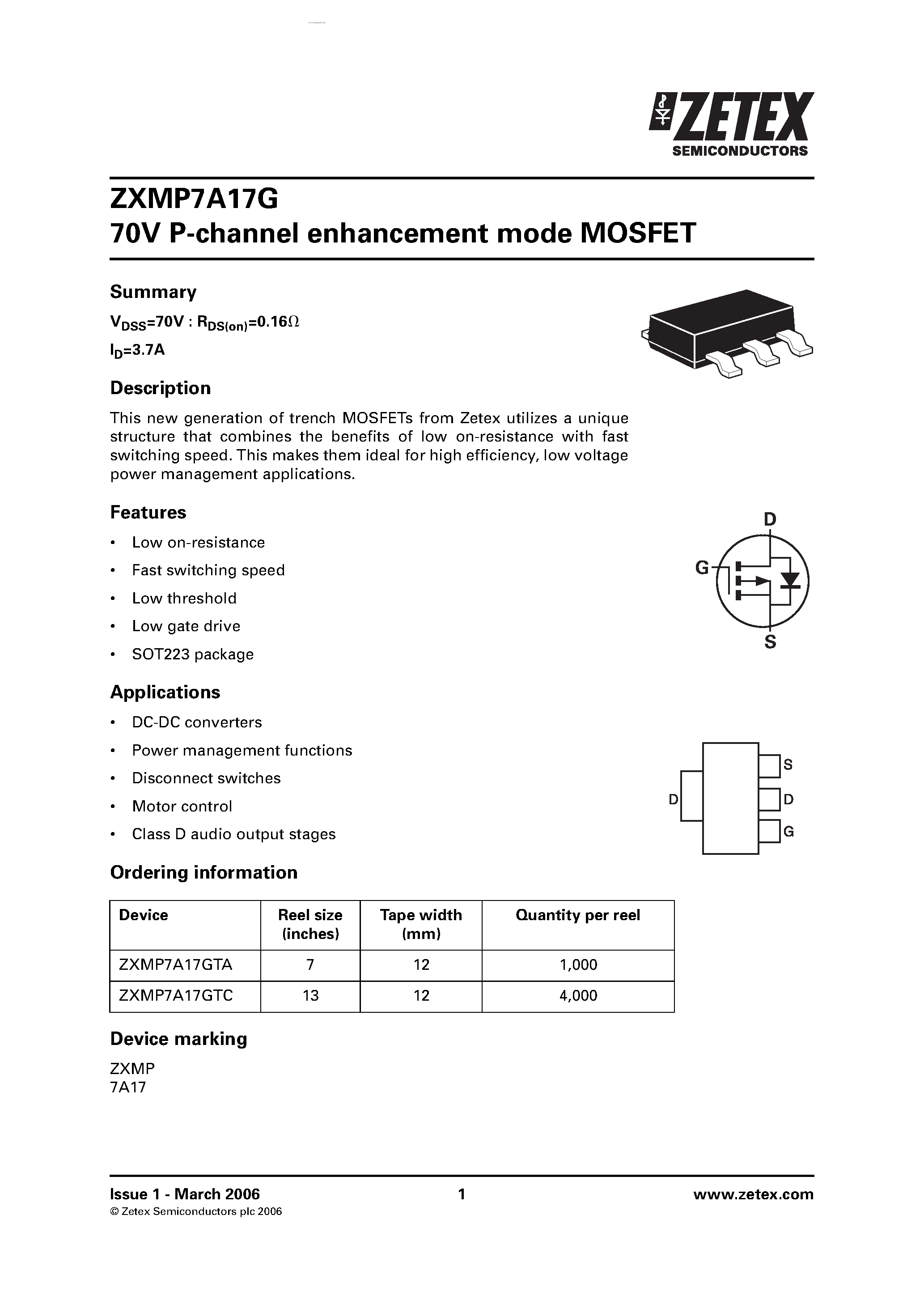 Даташит ZXMP7A17G - P-channel enhancement mode MOSFET страница 1