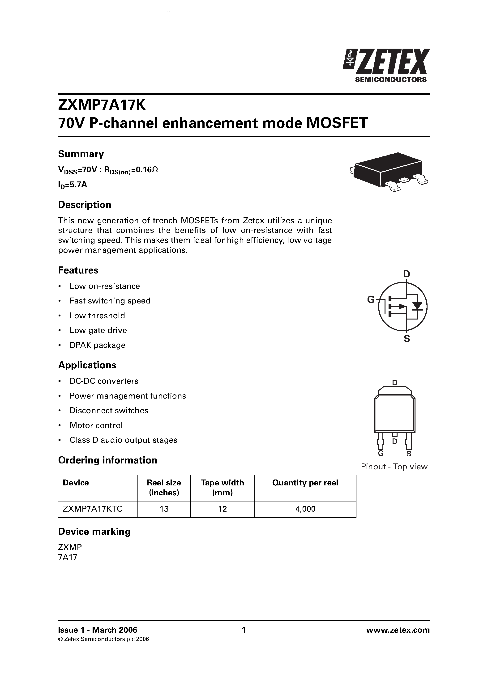 Даташит ZXMP7A17K - P-channel enhancement mode MOSFET страница 1