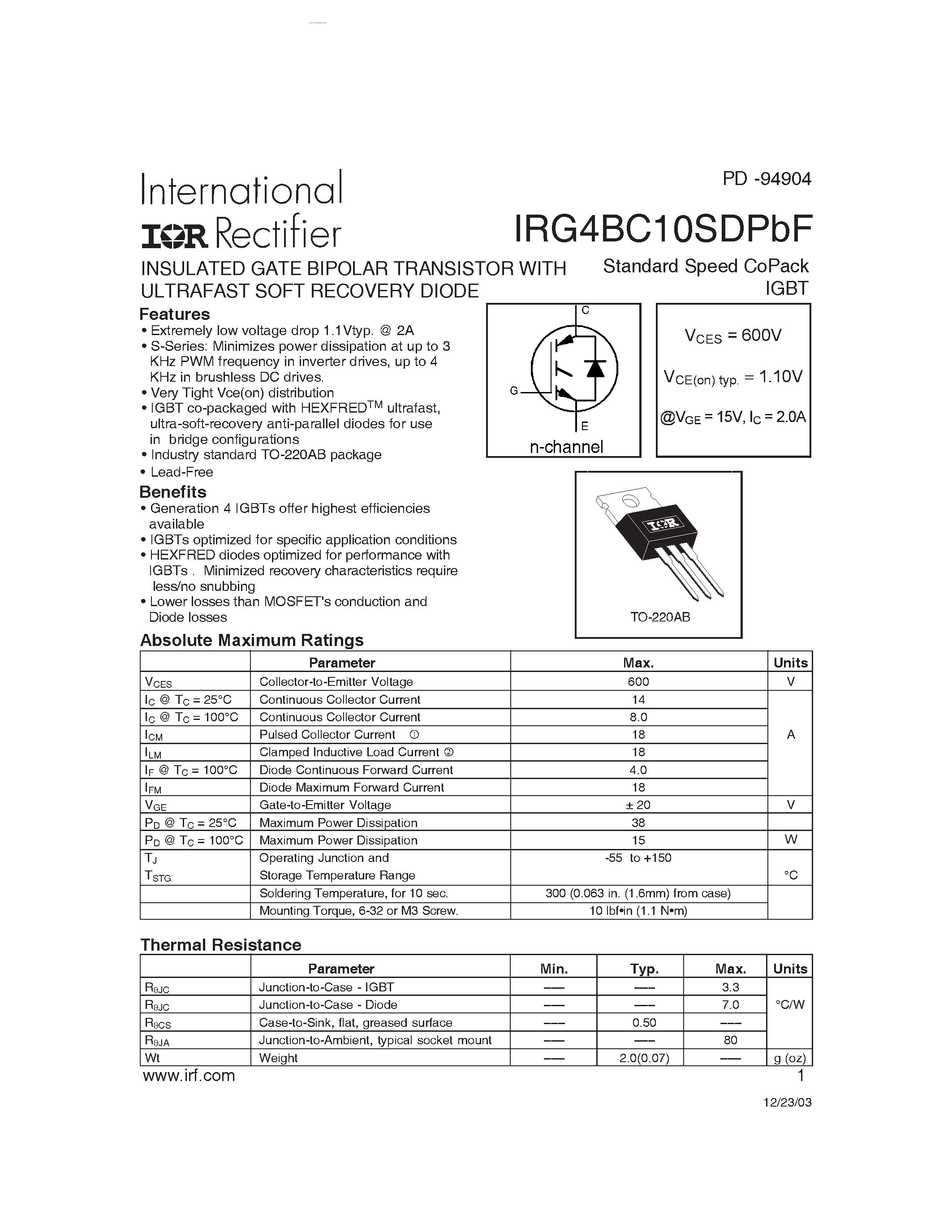 Datasheet IRG4BC10SDPBF - INSULATED GATE BIPOLAR TRANSISTOR page 1