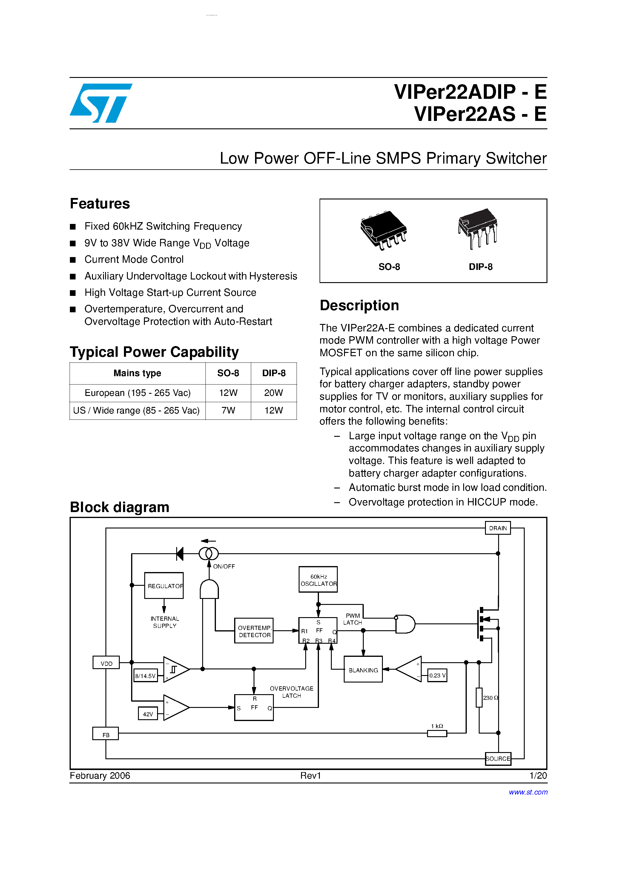 Даташит VIPER22ADIP-E - Low Power OFF-Line SMPS Primary Switcher страница 1