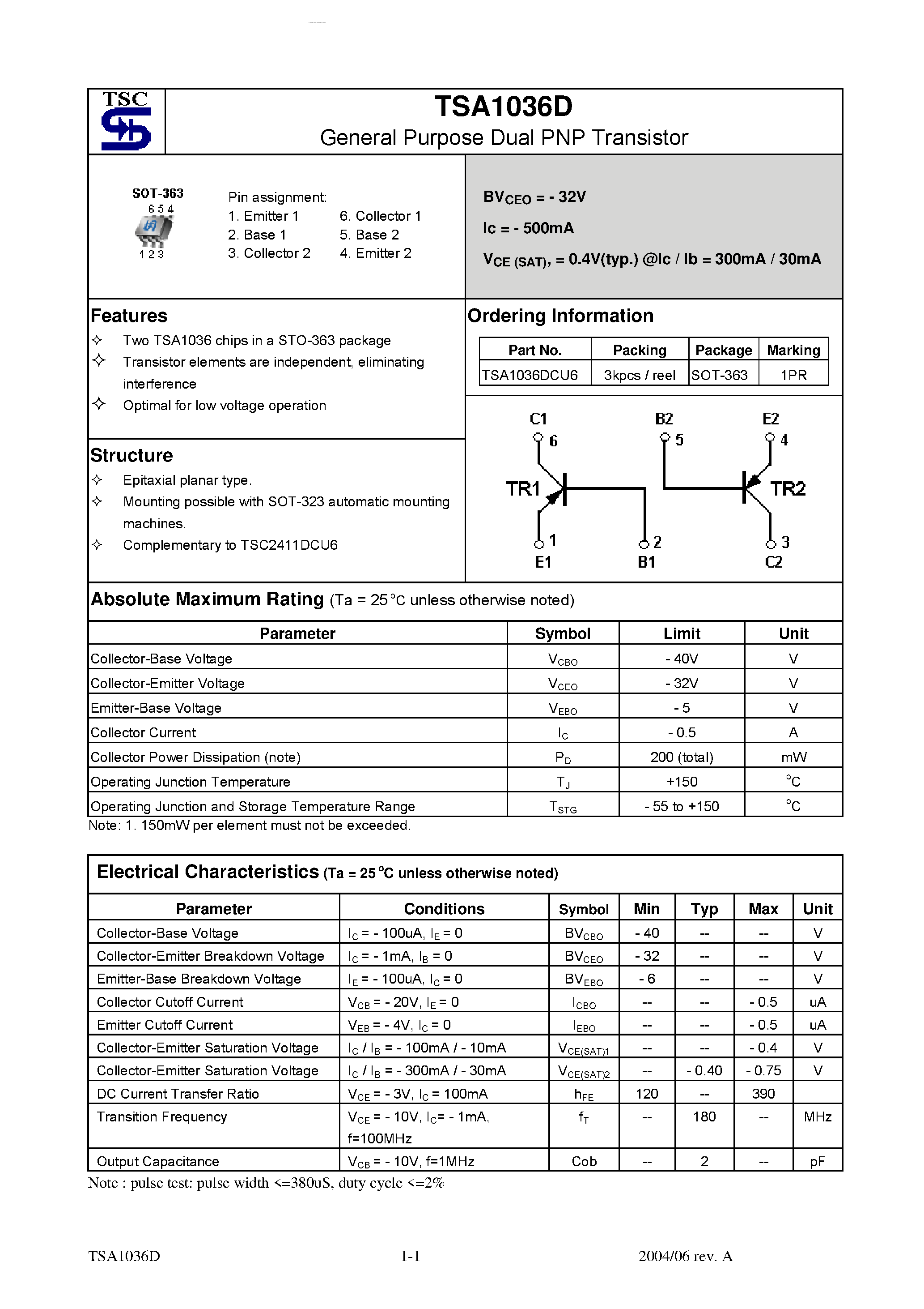 Datasheet TSA1036D - General Purpose Dual PNP Transistor page 1