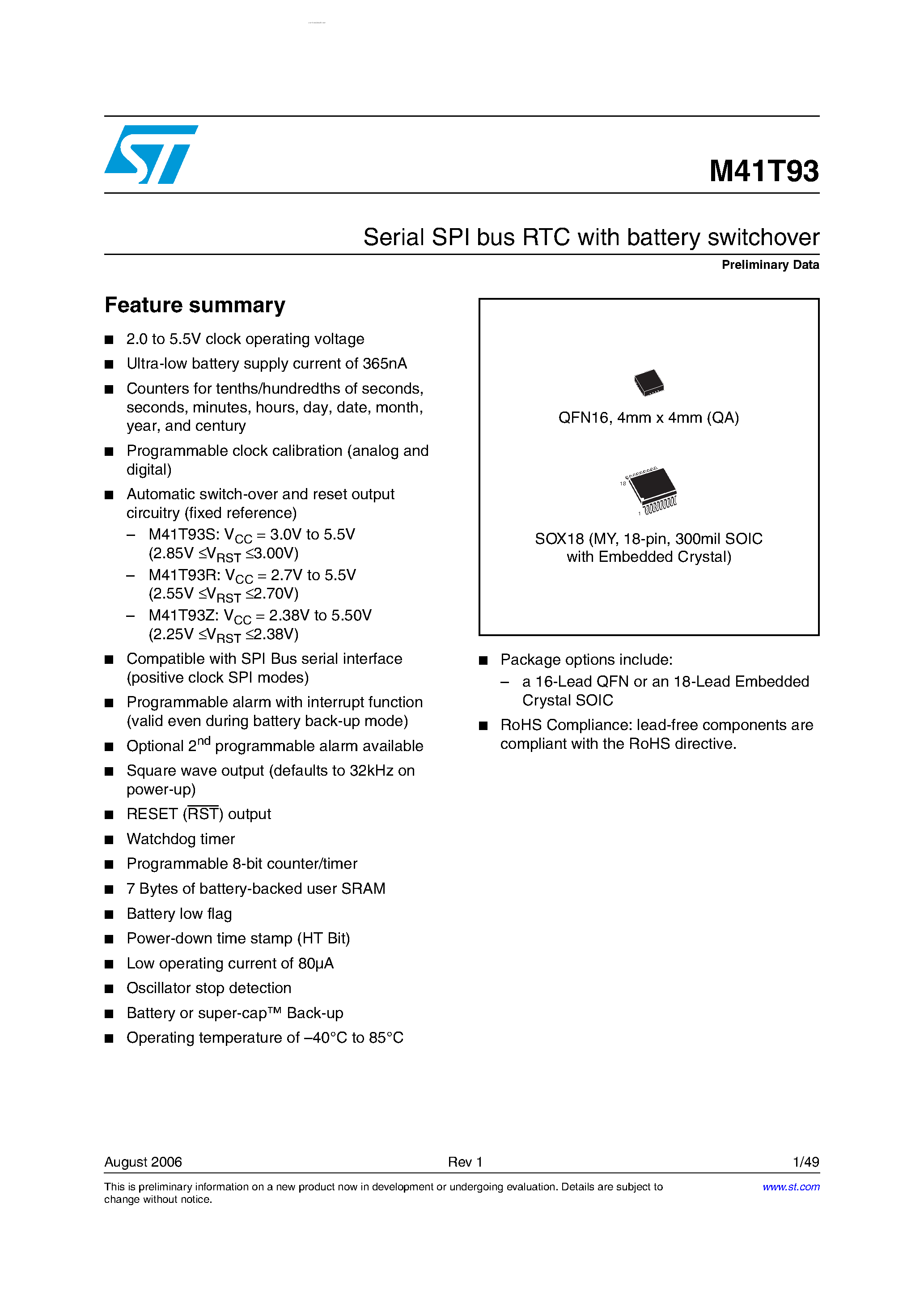 Datasheet M41T93 - Serial SPI bus RTC page 1