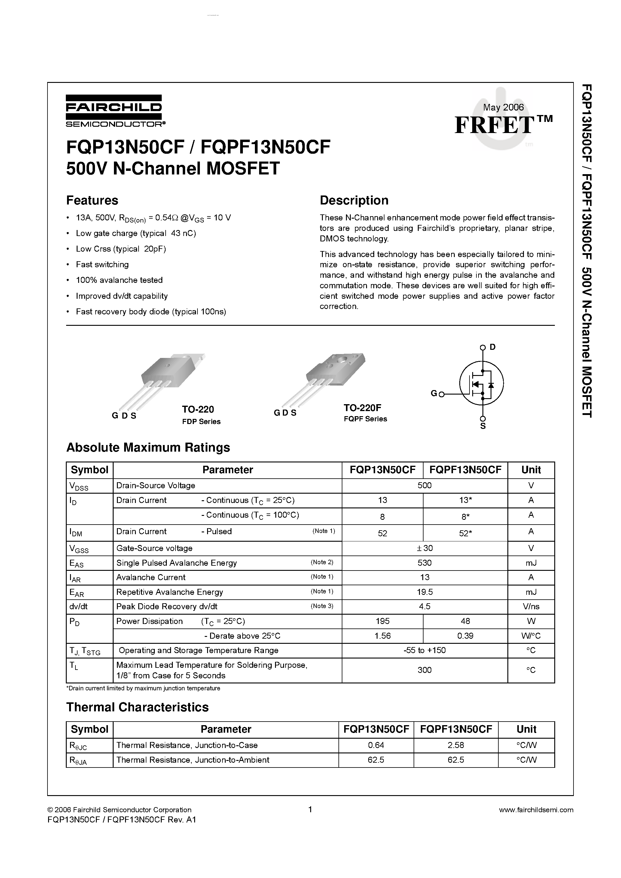 Datasheet FQP13N50CF - N-Channel MOSFET page 1