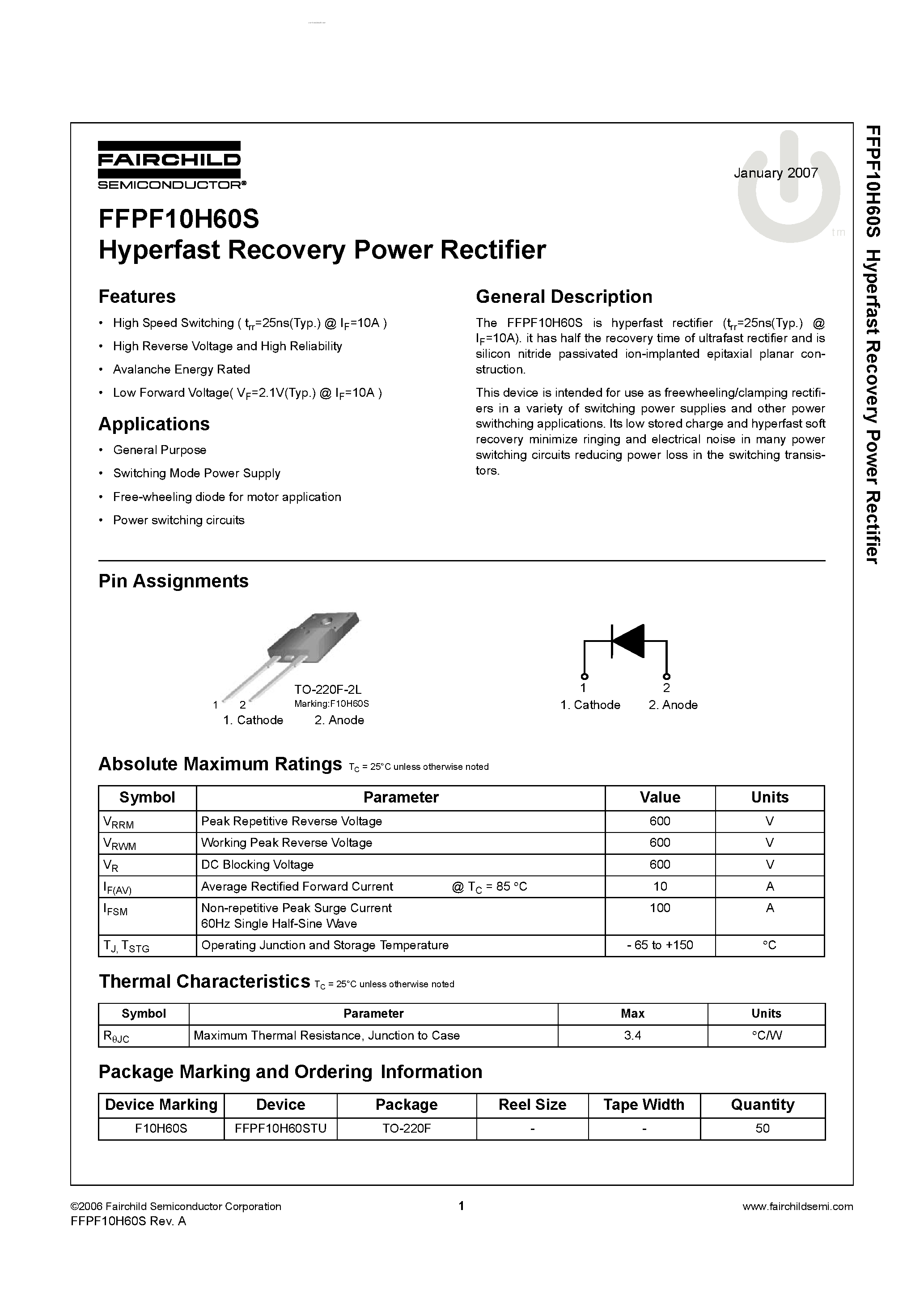 Даташит FFPF10H60S - Hyperfast Recovery Power Rectifier страница 1