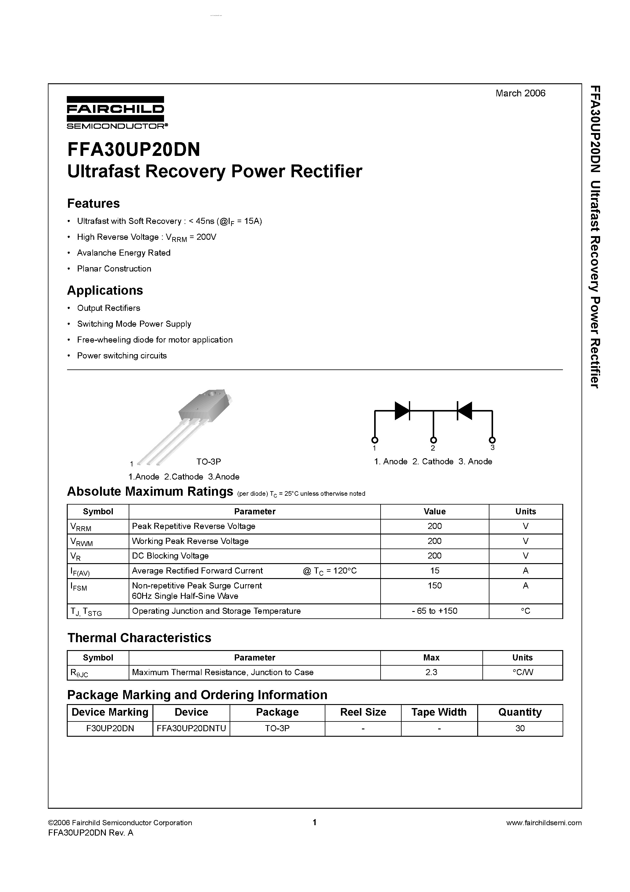 Datasheet FFA30UP20DN - Ultrafast Recovery Power Rectifier page 1