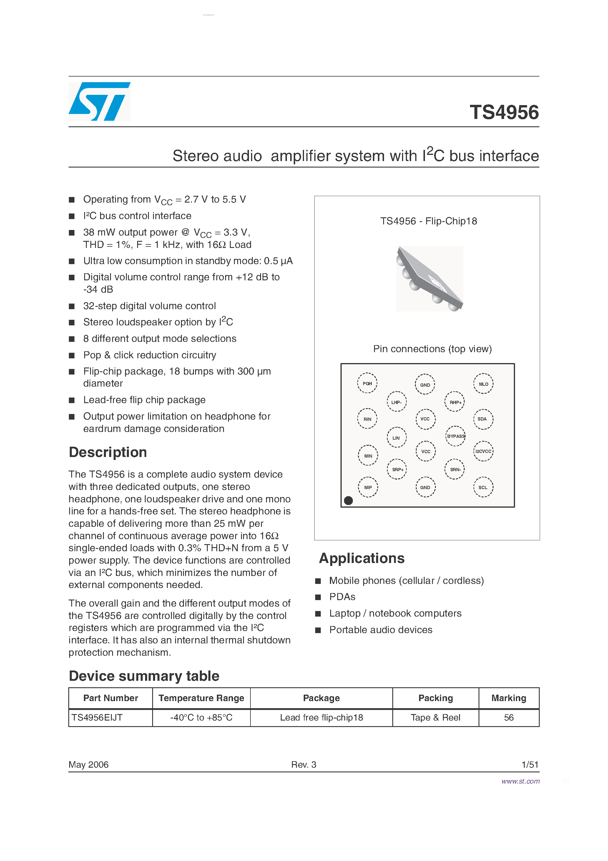 Datasheet TS4956 - Stereo audio amplifier system page 1