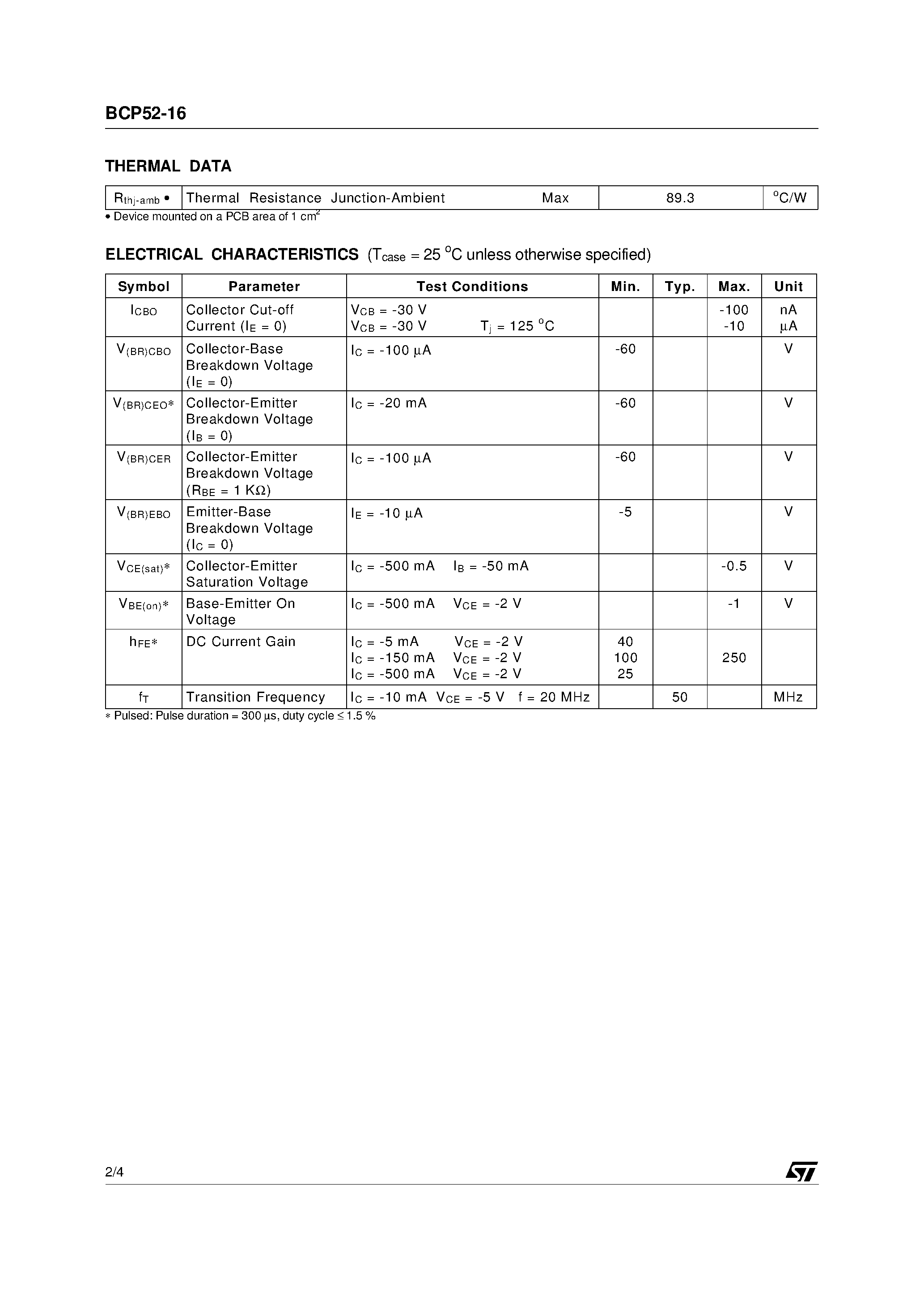Datasheet BCP52-16 - LOW POWER PNP TRANSISTOR page 2