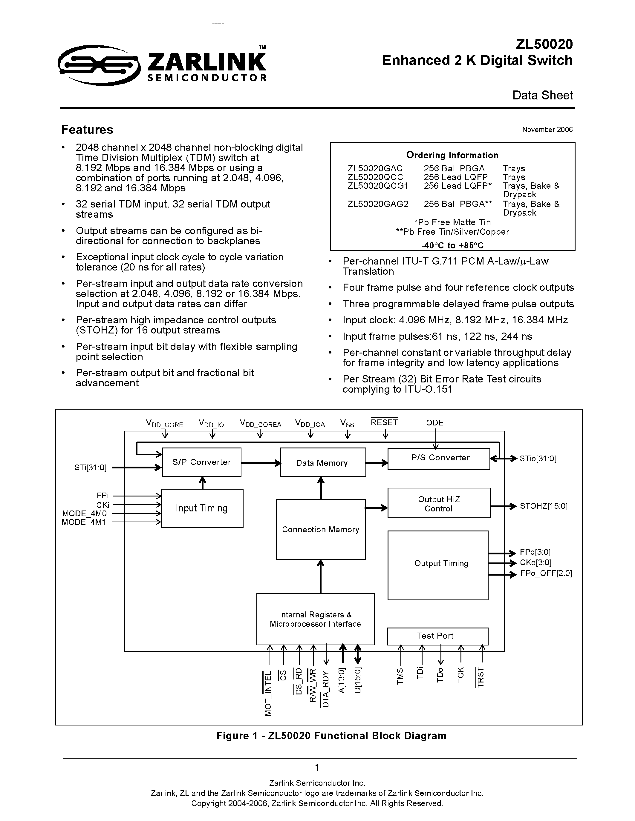 Datasheet ZL50020 - Enhanced 2 K Digital Switch page 1