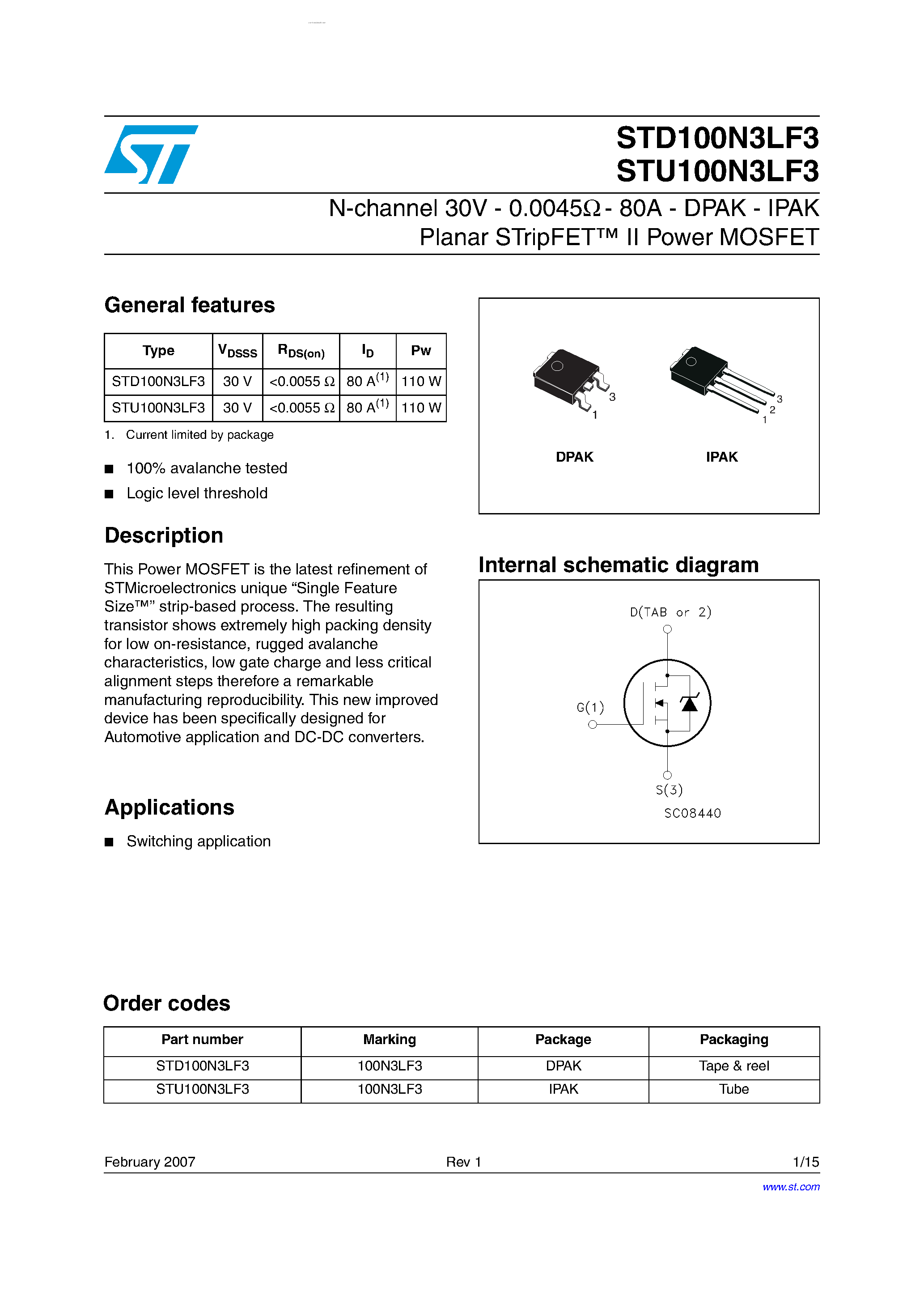 Даташит STD100N3LF3 - N-channel Power MOSFET страница 1