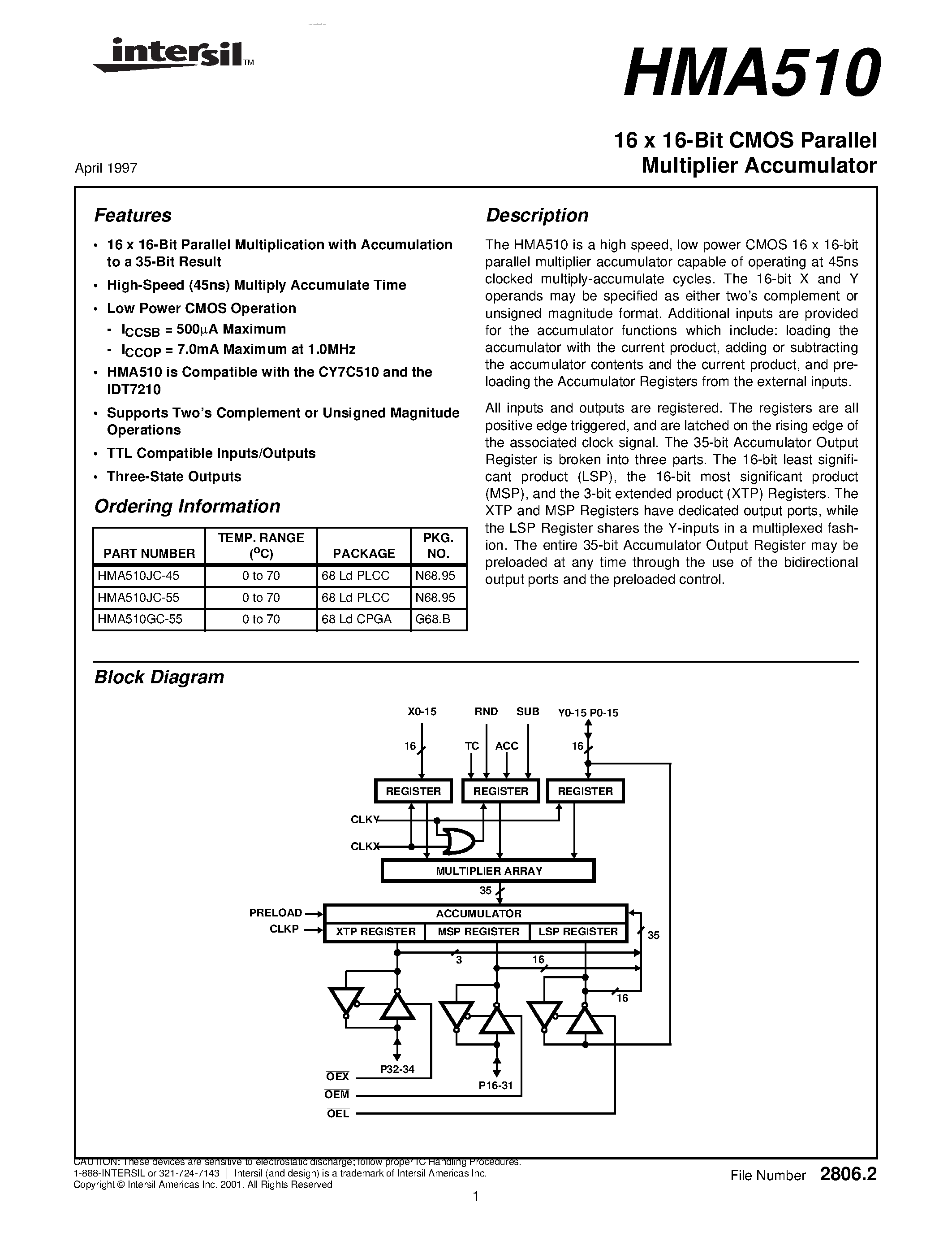 Datasheet HMA510 - 16 x 16-Bit CMOS Parallel Multiplier Accumulator page 1