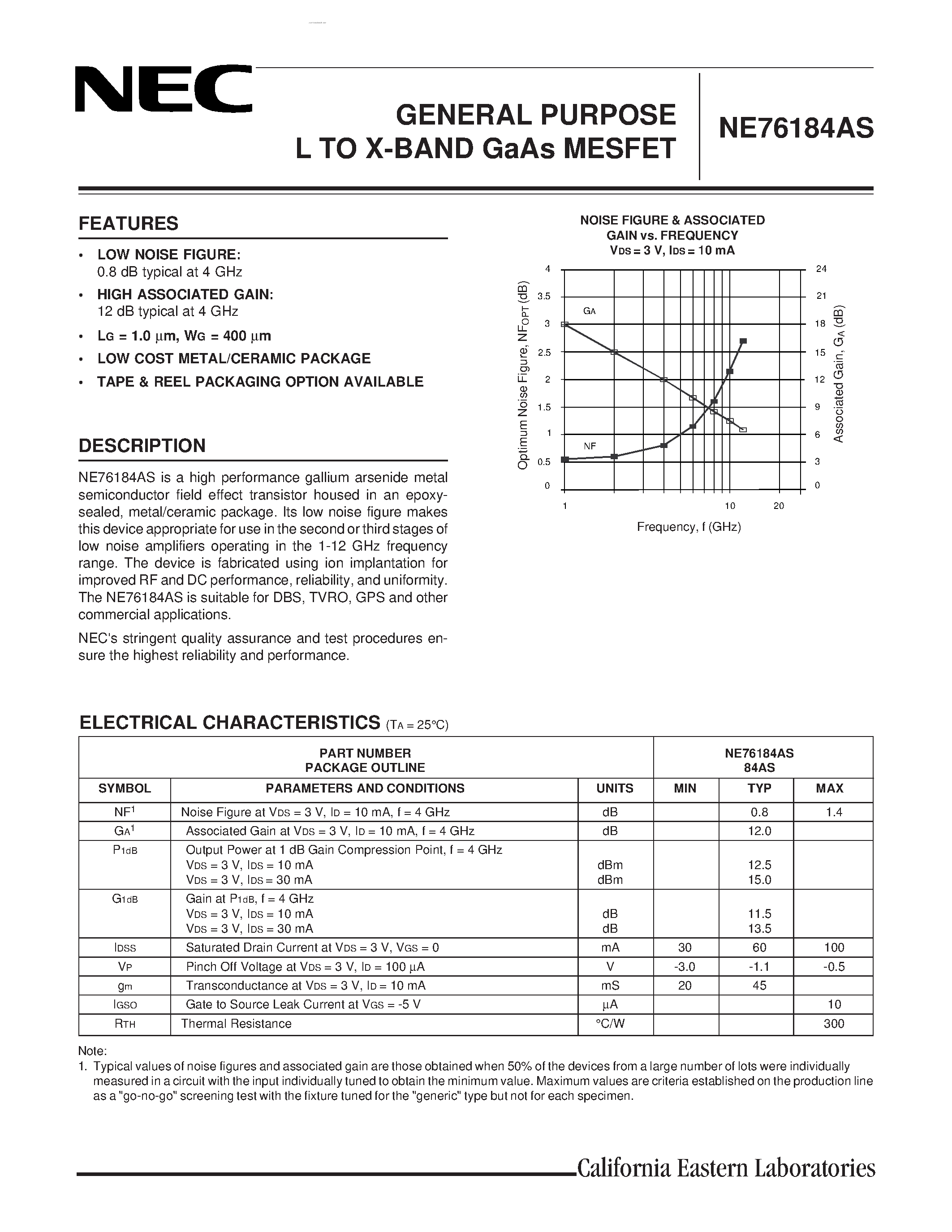 Даташит NE76184AS - GENERAL PURPOSE L TO X-BAND GaAs MESFET страница 1